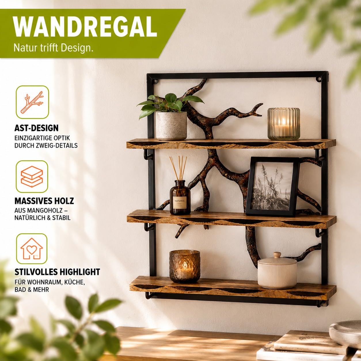 Kobolo Wandregal Hängeregal Bücherregal -AST Zweig- 3 Böden 59x20x66 cm