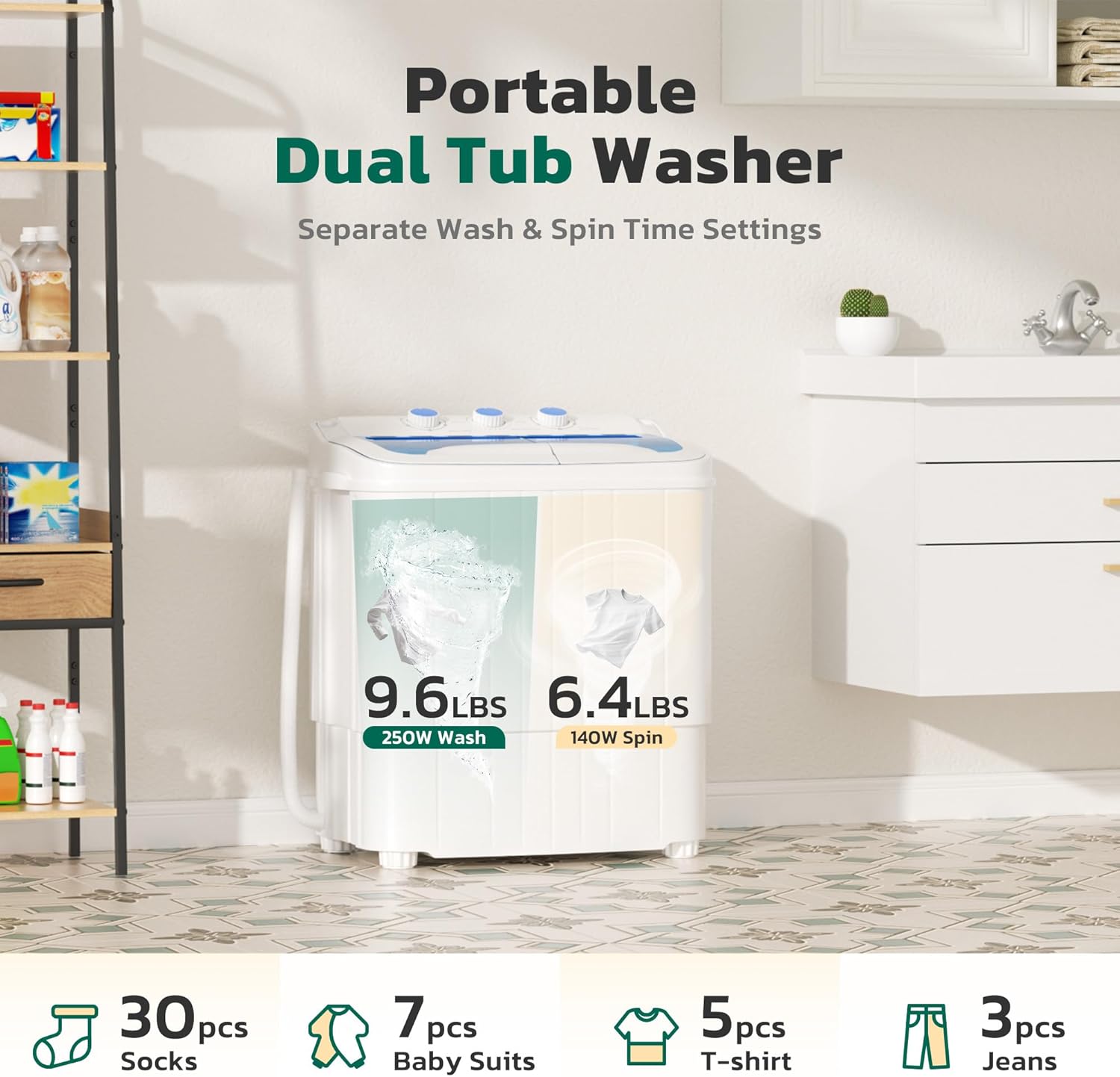 Greenvelly Portable Washing Machine, 17.6lbs Twin Tub Washer and Dryer Combo, Compact Mini Laundry Washer with Spin Cycle&Soaking Function, Semi-Automatic Washer for Apartment, Dorm, RV, Camping, Blue