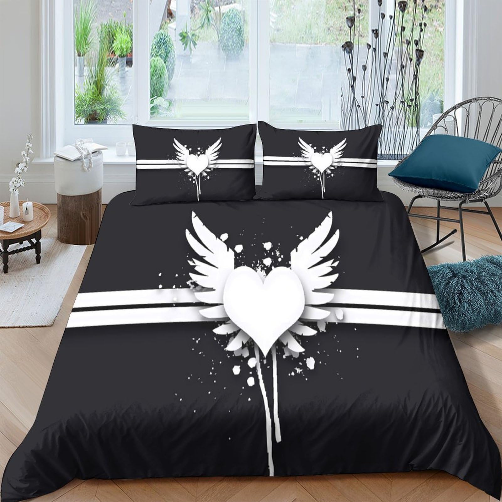 Ctjqhvkz Style-9 3D Printed Black Angel Wings Heart Fitted Sheet Microfiber Soft Bed Sheet For Bedroom Guest Room Decor Single（135X200cm）