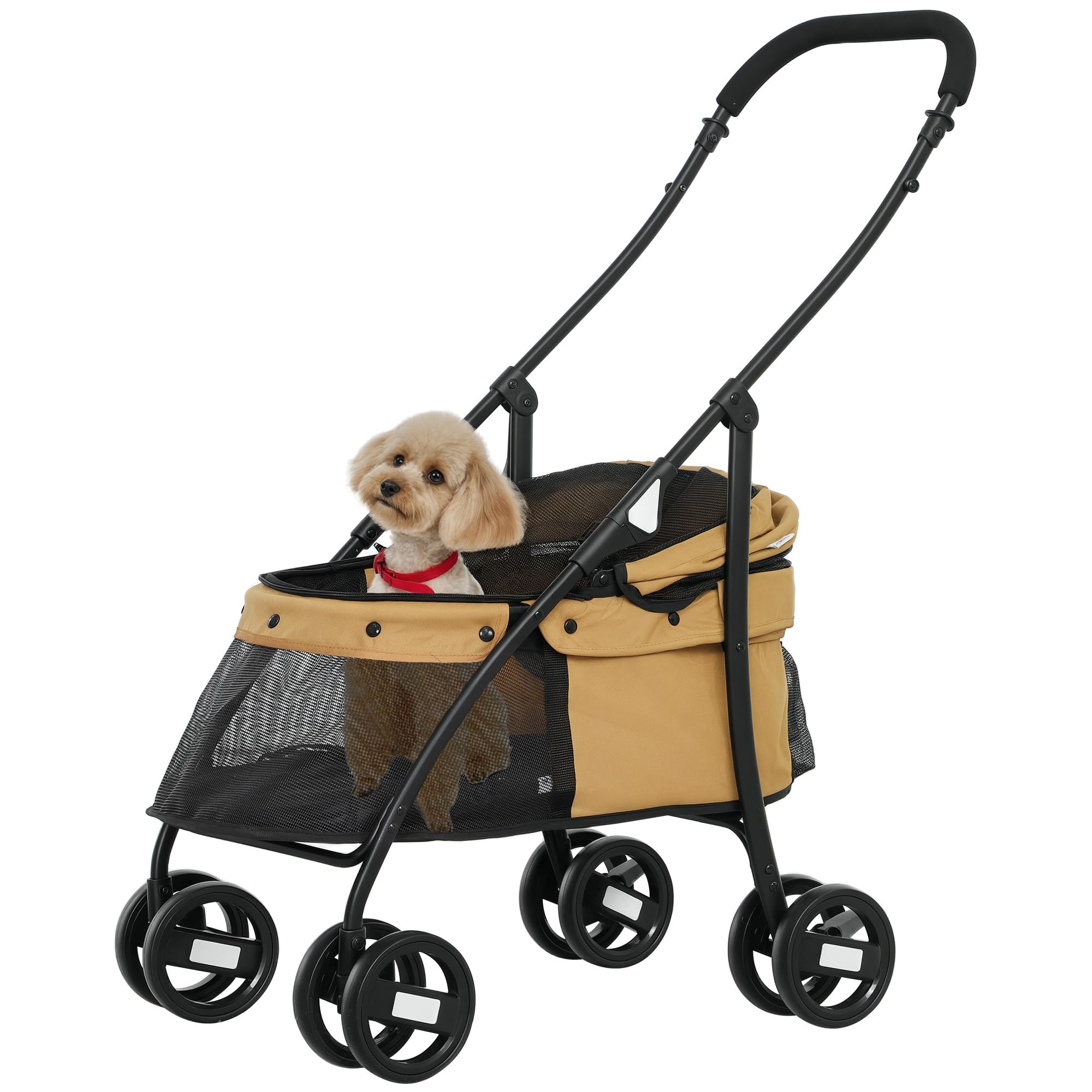 PawHut Poussette pliable pour chiens de petite taille avec fenêtres en maille, coussin lavable, sangles de sécurité et cadre en acier Charge 15 kg Café