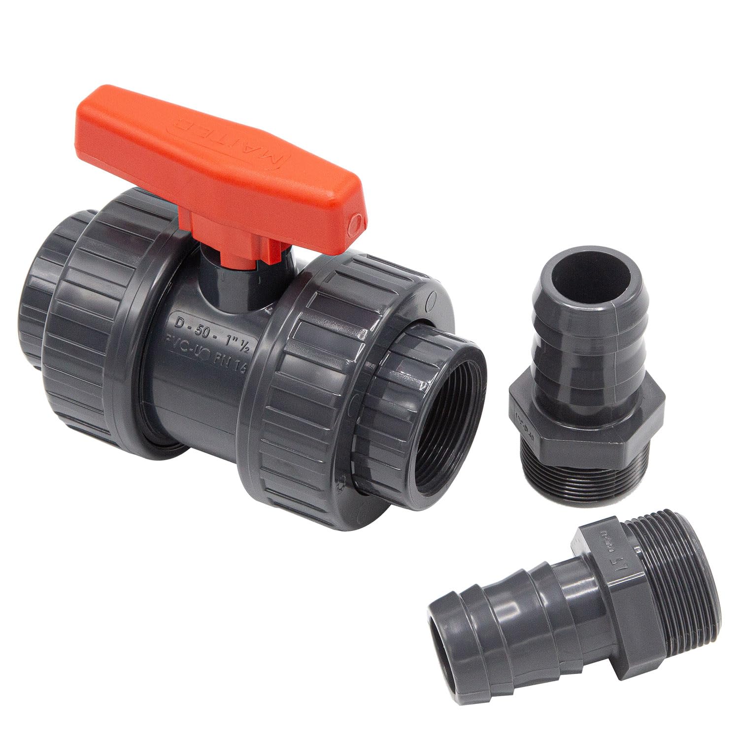 PVC Kugelhahn mit Schlauchtüllen 32mm I Pool Absperrhahn 2 Wege mit Innengewinde 1 Zoll und Schlauchverbinder I Absperrventil für 32mm Poolschläuche I bm270