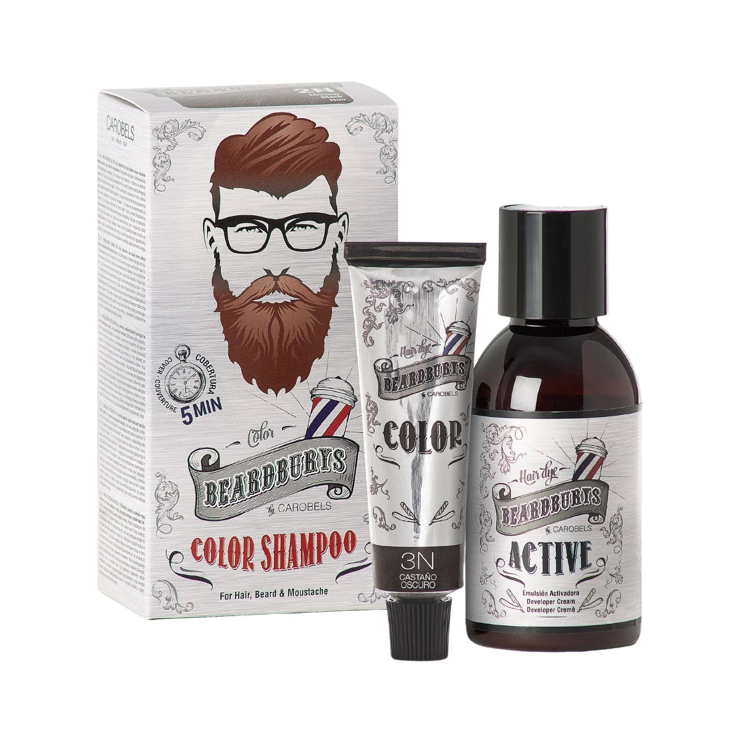 Beardburys Color Shampoo para para Barba, Bigote y Cabello, Cobertura de Canas Semipermanente, sin Parabenos, Color Marrón oscuro 30 ml y Activo 45 ml