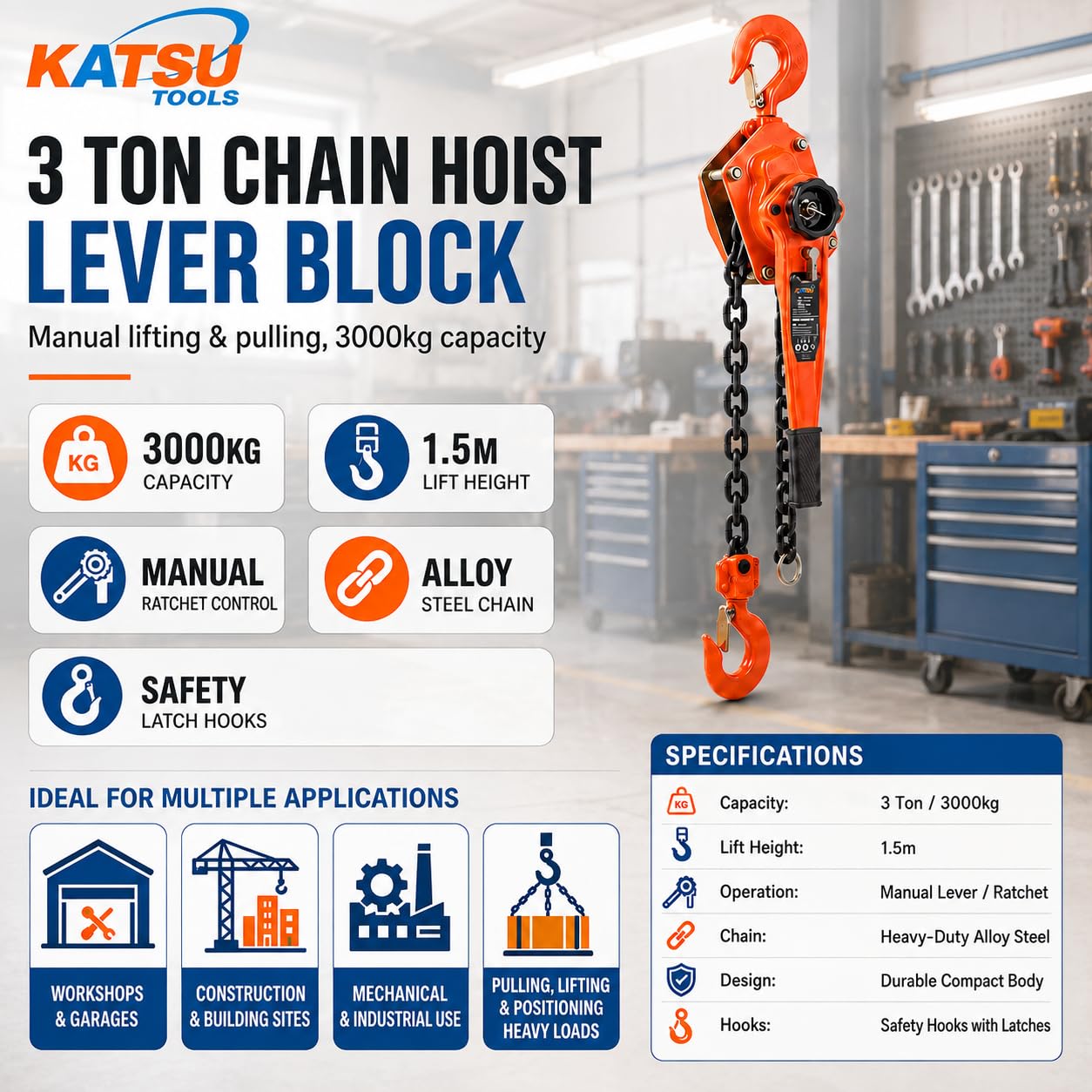 KATSU Tools Palan à Chaîne 3 Tonnes à Levier – Capacité 3000 kg, Hauteur de Levage 1,5 m, Treuil Manuel à Cliquet avec Crochets de Sécurité pour Levage et Traction