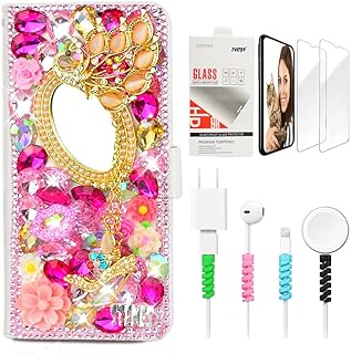 STENES Bling Wallet Phone Case Compatible with LG Stylo 6 - Stylish - 3D Handmade Girls Mirror Peacock Pendant Flower Leather Cover with Screen Protector & Cable Protector - Pink