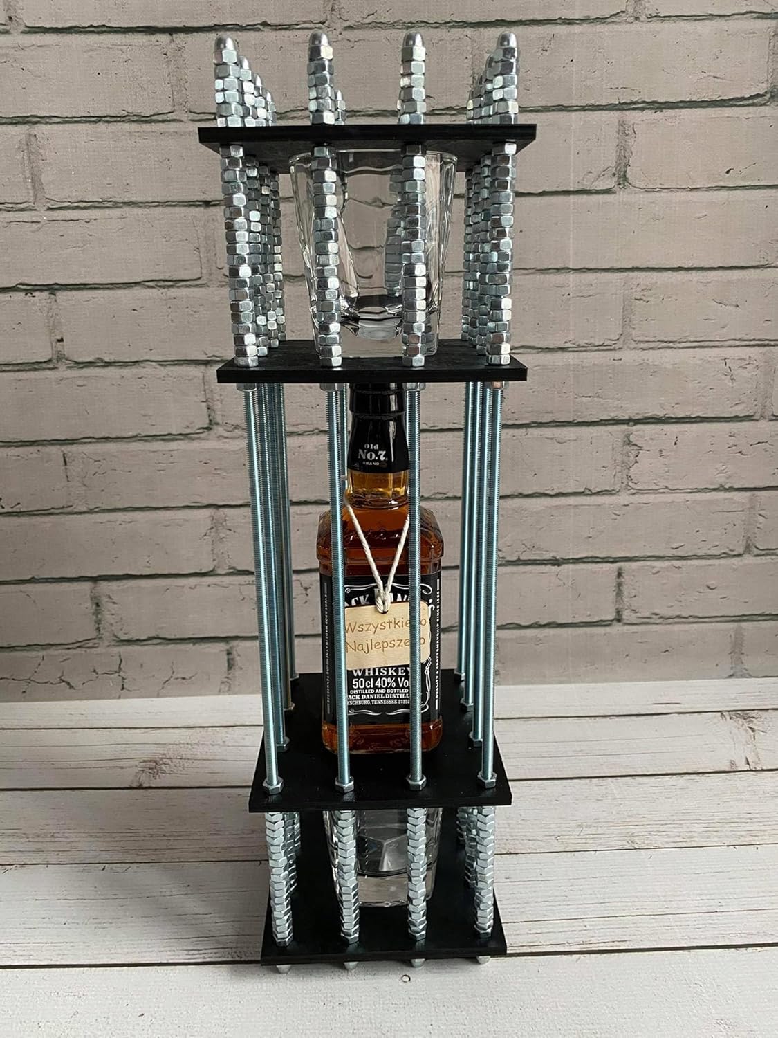 Alkohol-Käfig Geschenkset – Holz Puzzle Flaschenkäfig mit 288 Schrauben + 2 Gläsern – Für 0,7 l Flasche (25 cm) – Lustiges Männergeschenk ohne Gravur
