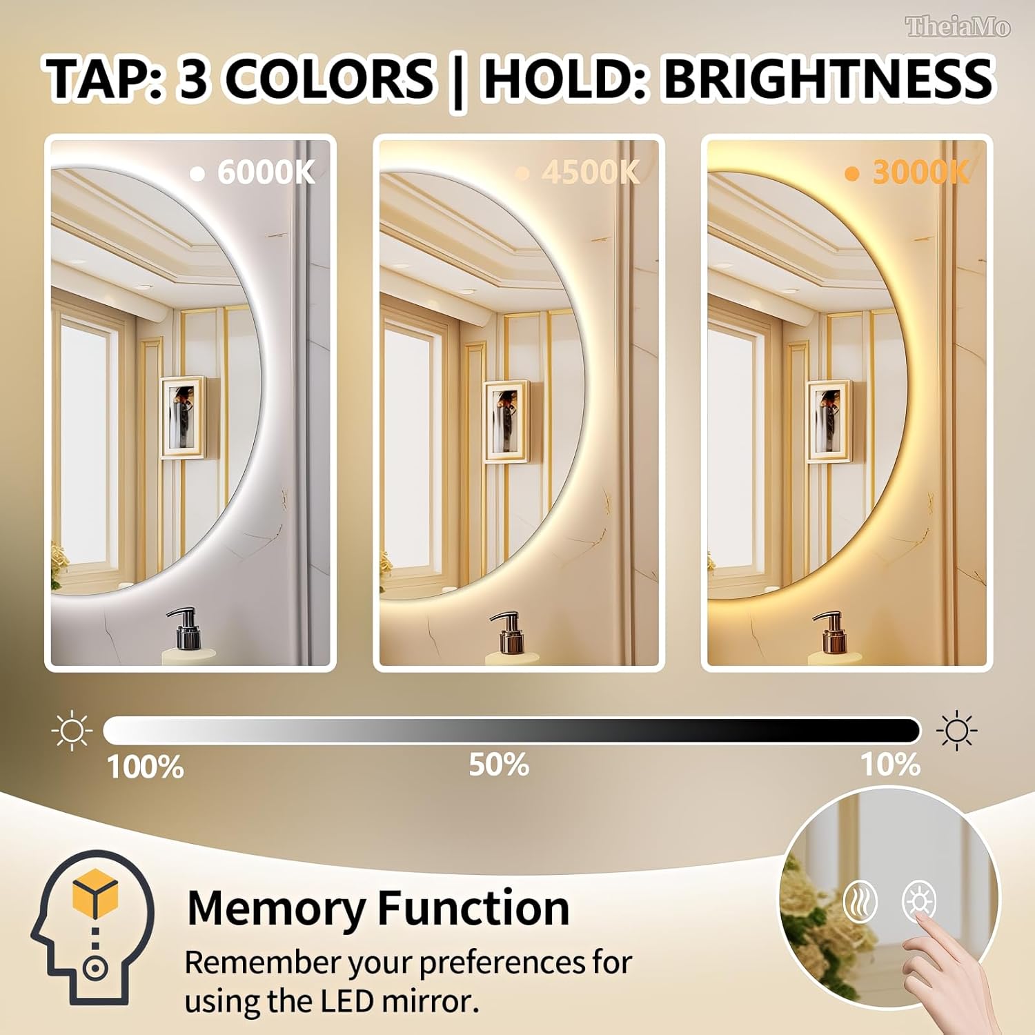 Round LED Mirror for Bathroom, 36" Circle Frameless Backlit Mirror with Lights, Wall Mounted Vanity Mirror, 3 Colors, Dimmable, Anti-Fog, IP65 Waterproof, Memory Function, UL Listed