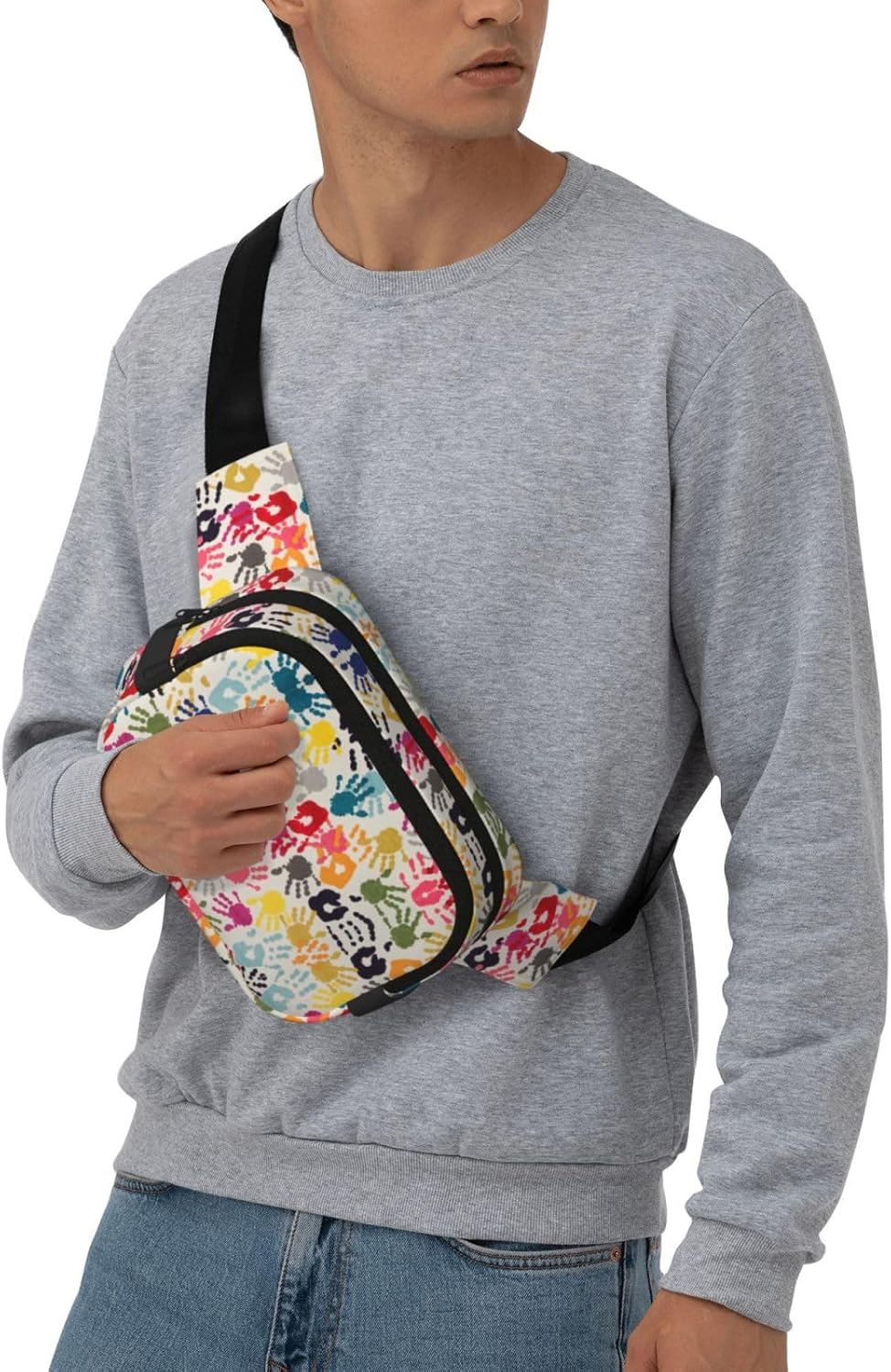 Hand Print Print Fashion Waist Packs Square Layer Waist Bag Black Belt Bag with Adjustable Strap