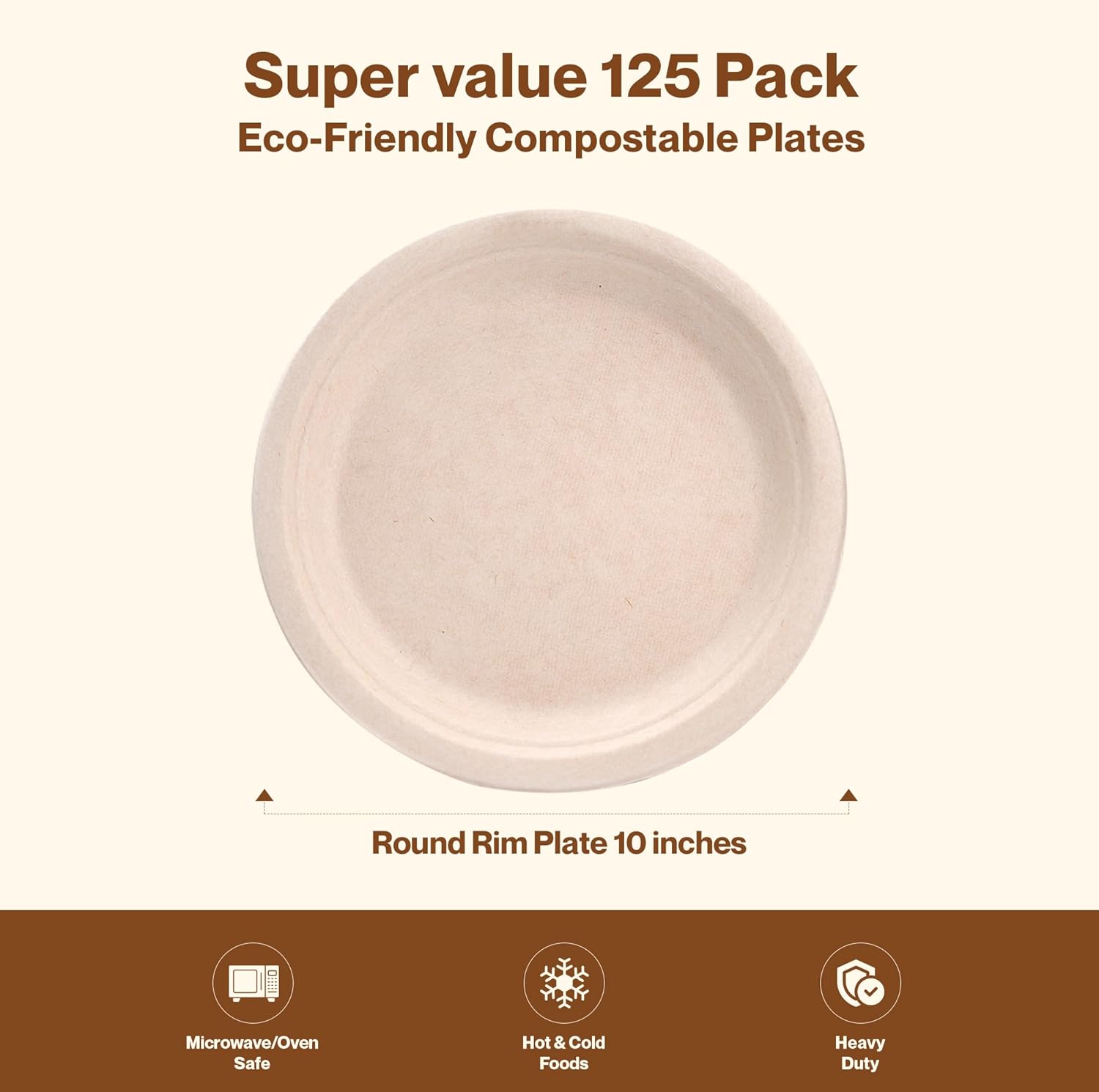 Gracz 10-Inch Heavy-Duty Compostable Disposable Plates – Premium Sugarcane Fiber Round Plates for Restaurants, Food Trucks, Catering & Healthcare, 125 Count