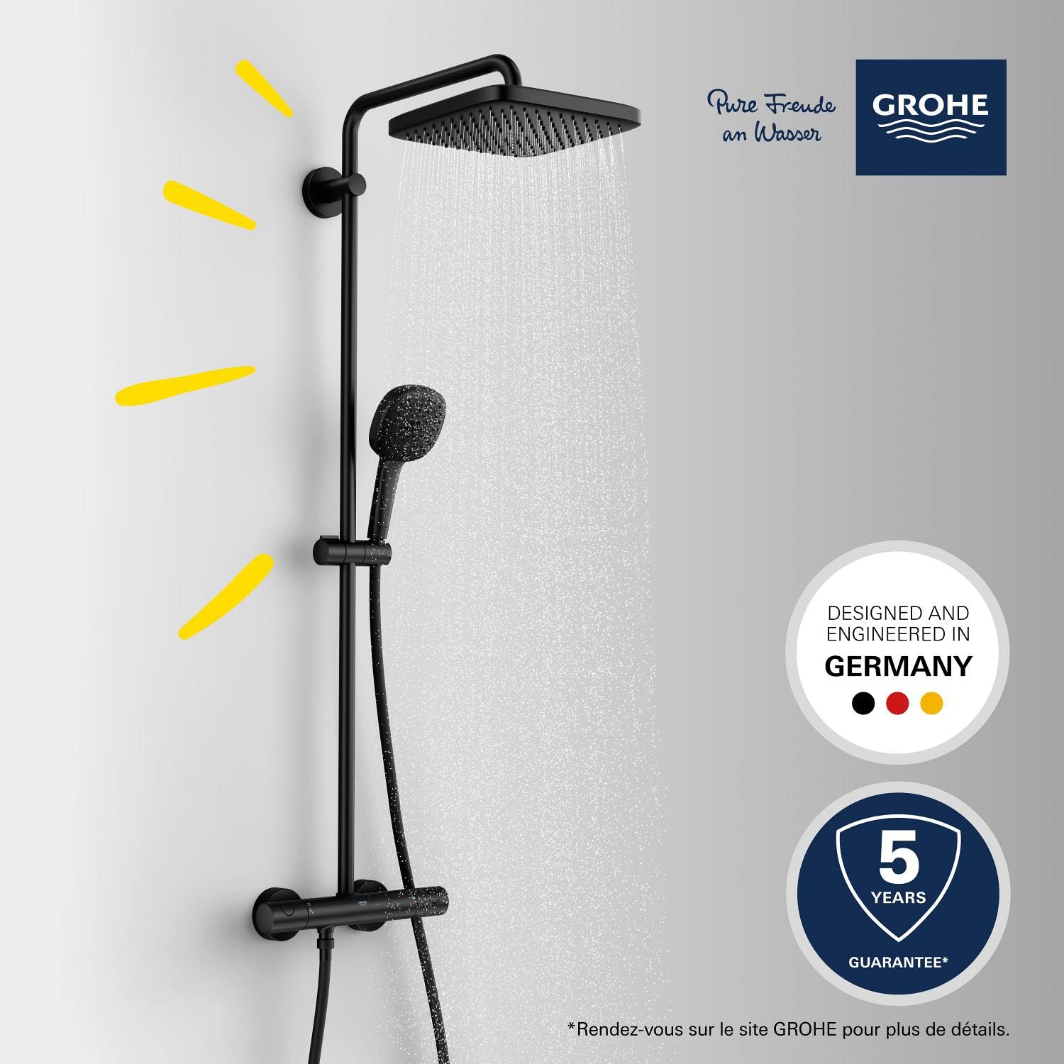 GROHE Vitalio Comfort 250 Colonne de Douche avec Mitigeur Thermostatique, Douche de Tête Carrée 25cm 1 Jet, Douchette Carrée 11cm 2 jets, Flexible 1,75m, Economie d'Eau, Noir Mat, 266972431