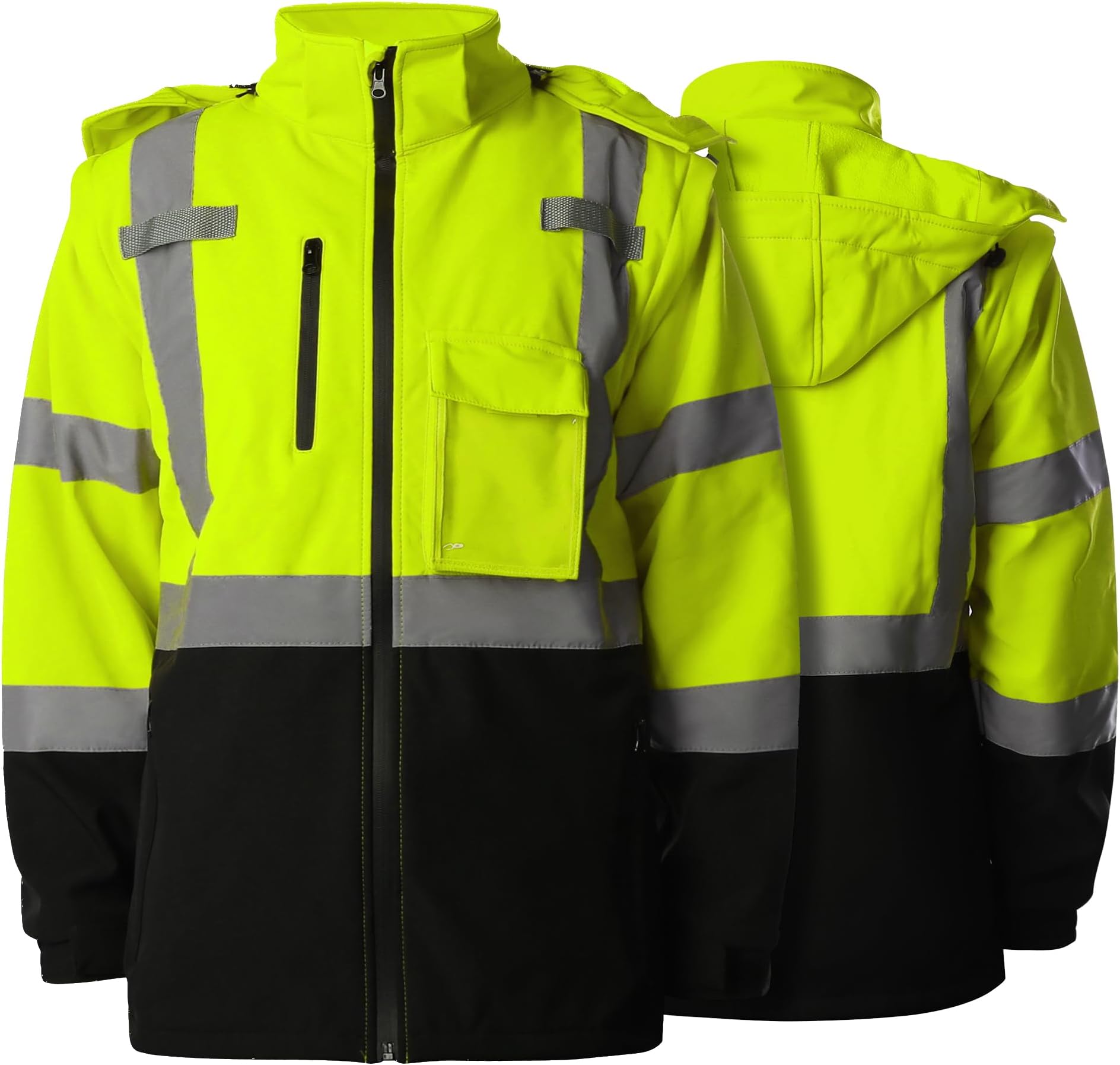 SHORFUNE High Visibility Softshell Waterproof Safety Jacket for Men, Class 3 Reflective Work Jackets with Pockets, Detachable Hood and Sleeves &Black Bottom, L, Yellow