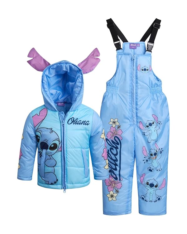Disney Girls Snowsuit Set 2 Piece Insulated Puffer Jacket and Snow Bibs, Size 2T, Stitch Blue by Disney - Used condition - US$38.37