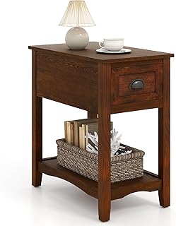 Giantex End Table with Drawer, Retro Narrow Side Table, Nightstand with Solid Wood & Stroage Shelf, Bedside Table for Living Room Bedroom Small Space Home Office (1, Walnut)