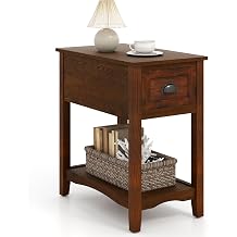 GIANTEX End Table with Drawer, Retro Narrow Side Table, Nightstand with Solid Wood & Stroage Shelf, Bedside Table for Living Room Bedroom Small Space Home Office 1, Walnut