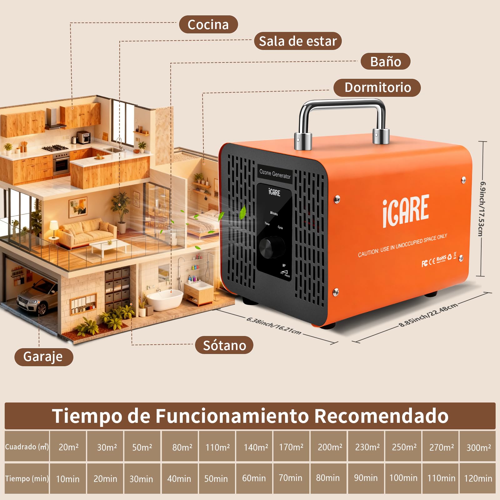 Generador de Ozono Hogar 60000mg/h, Máquina de ozono con Perilla Electrónica, Purificador de Aire con Temporizador, Dispositivo de Ozono O3 Portátil para Garajes, Hogar, Coche, Eliminación de Olor