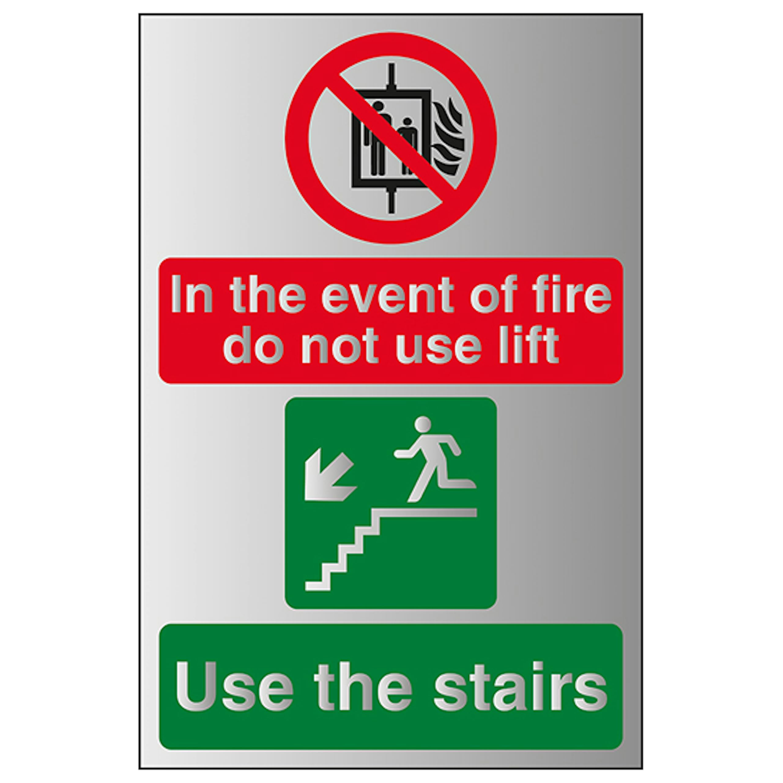 V Safety In The Event Of Fire Do Not Use Lift/Use The Stairs Left 200 x 300 mm - 1.6mm Aluminium Effect Rigid Plastic Safety Sign