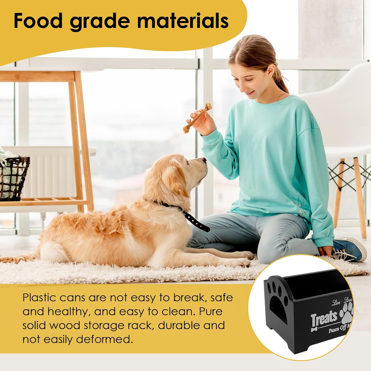 Dog Treat Container Wooden Dog Food Storage Container with 2 Plastic Jars Pet Biscuit Container Farmhouse Cat Treats Canned Organizer Dog Treat Canister and Storage for Pet Owners and Lovers (Black)