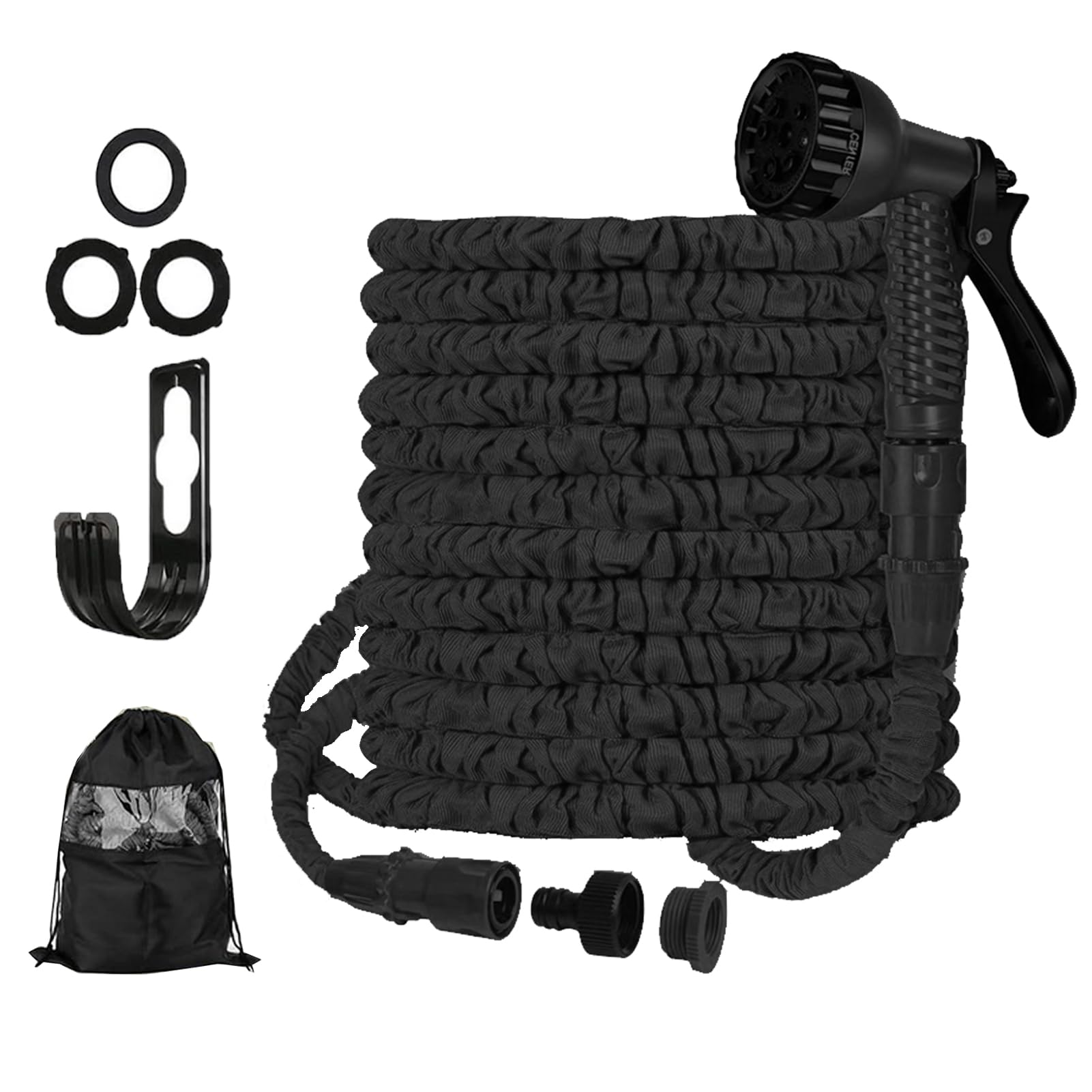 Expandable Garden Hose 50M Heavy Duty, Flexible & Durable Leakproof Hose Pipe with 8 Spray Nozzles, Lightweight for Outdoor Gardening, Car Washing, Watering Plants (Black,25FT-7.5M)