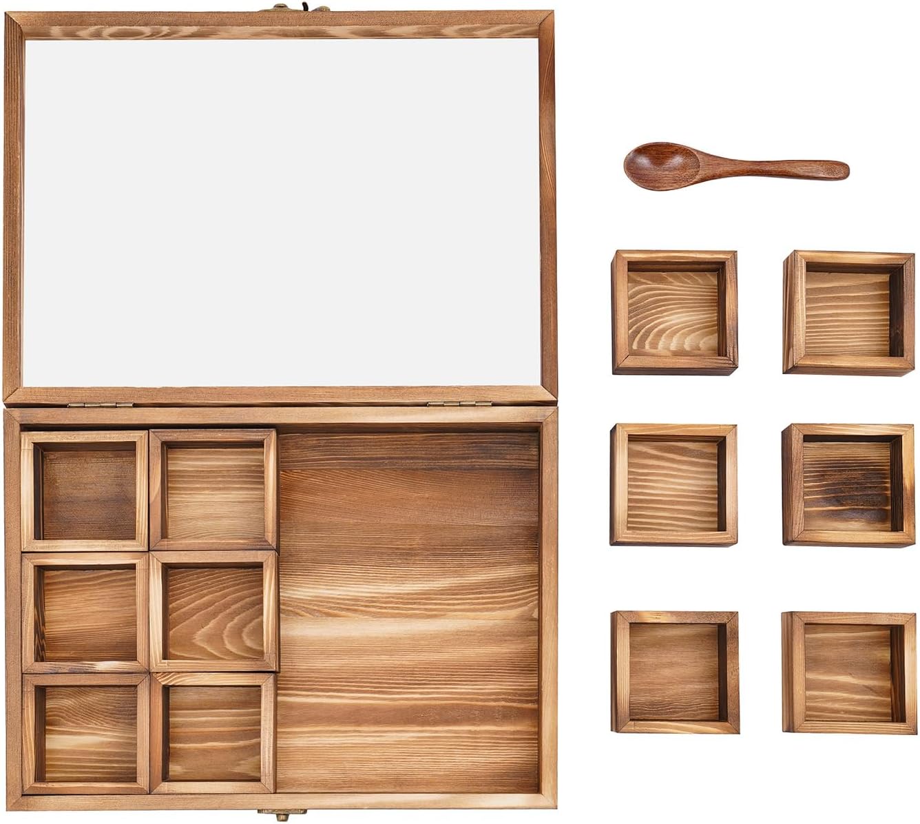 12 Compartments Wooden Spice Box Pine Wood Masala Dabba Container with Spoon Multipurpose Kitchen Storage Organizer for Spices Dry Fruits Each Partition Table Top Decorative Rack
