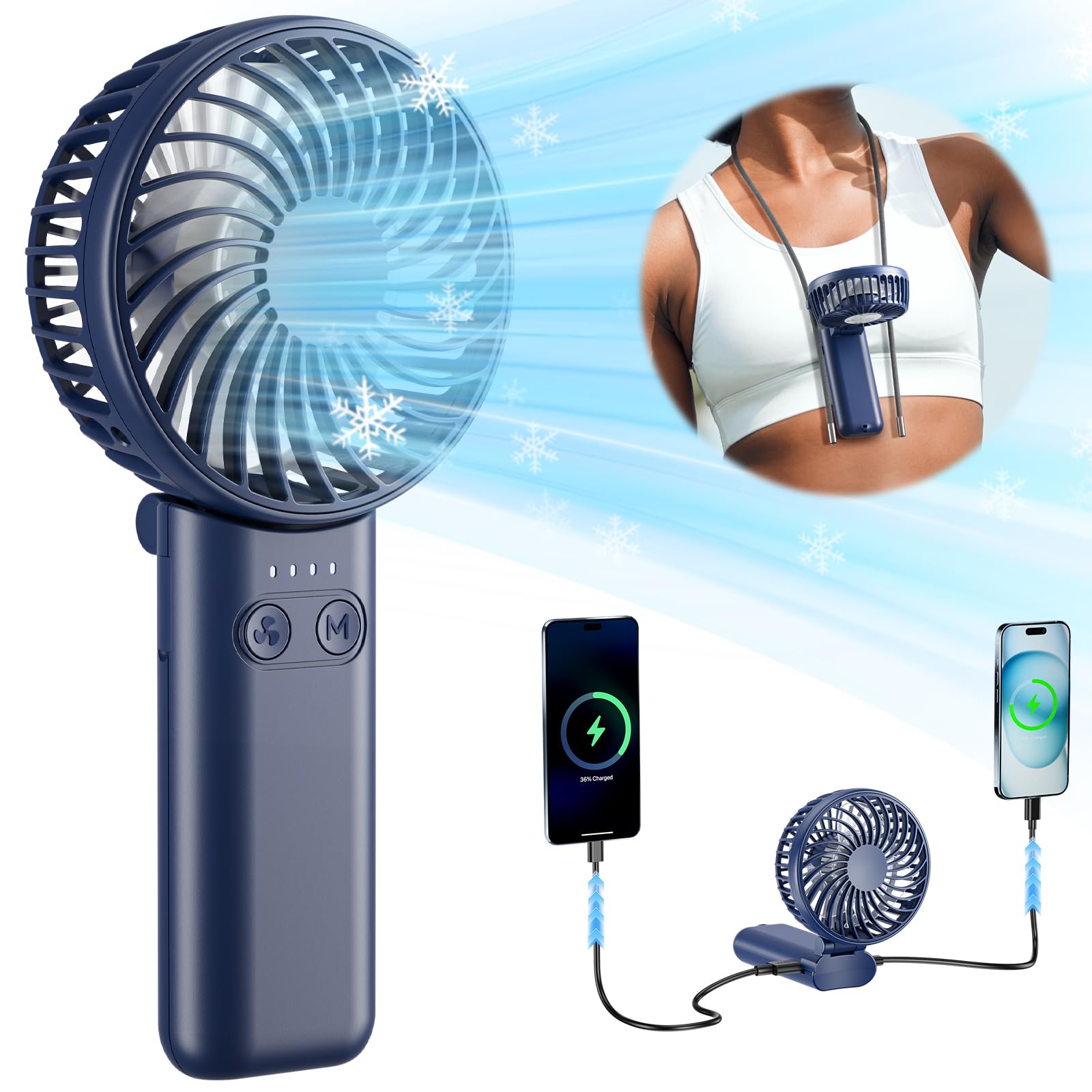 HandFan Upgraded Handheld Fan, 5 Speeds Strong Airflow Hand Fan [Max 27 Working Hours], 180° Foldable Compact Design Personal Fan Handheld with Portable Power for Travel/Disney/Concerts/Women (Blue)