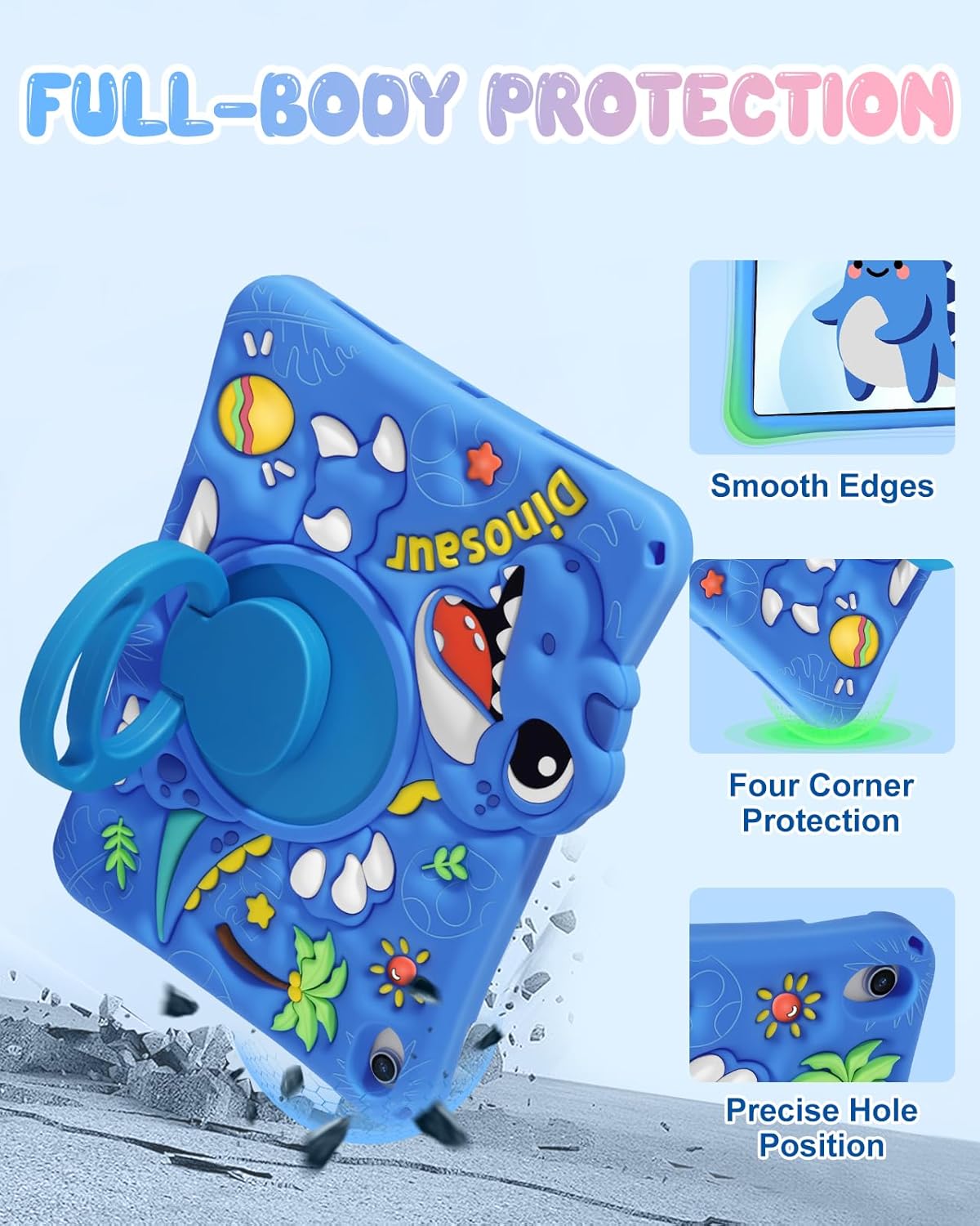 Boaretiu Tablet Case - Cute Cartoon Silicone Cover with Adjustable Shoulder Strap & Rotating Stand for Kids Boys Girls, for iPad 11th(A16) 2025 11 inch/10th Generation 10.9" 2022 Case, Blue Dinosaur