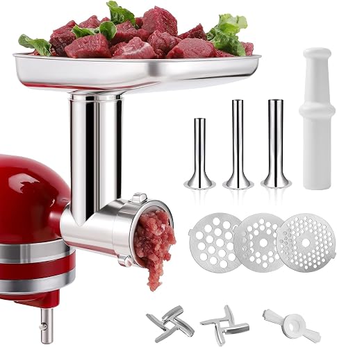 KINGEAGLE Stainless Steel Food Grinder Attachment for KitchenAid Stand Mixer, Durable Meat Grinder, Includes 3 Grinding Plates, 3 Sausage Stuffer Tubes, 2 Grinding Blades, Dishwasher Safe