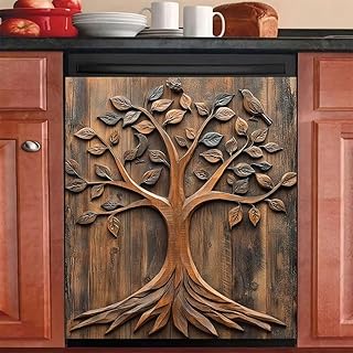 3D Wood Tree of Life Magnetic Dishwasher Full Door Cover Skin Panel, Wood Carving Magnet Fridge Door Cover Decals, Tree of Life Bird Kitchen Art Decor Sticker, 23x26 in (Magnet)