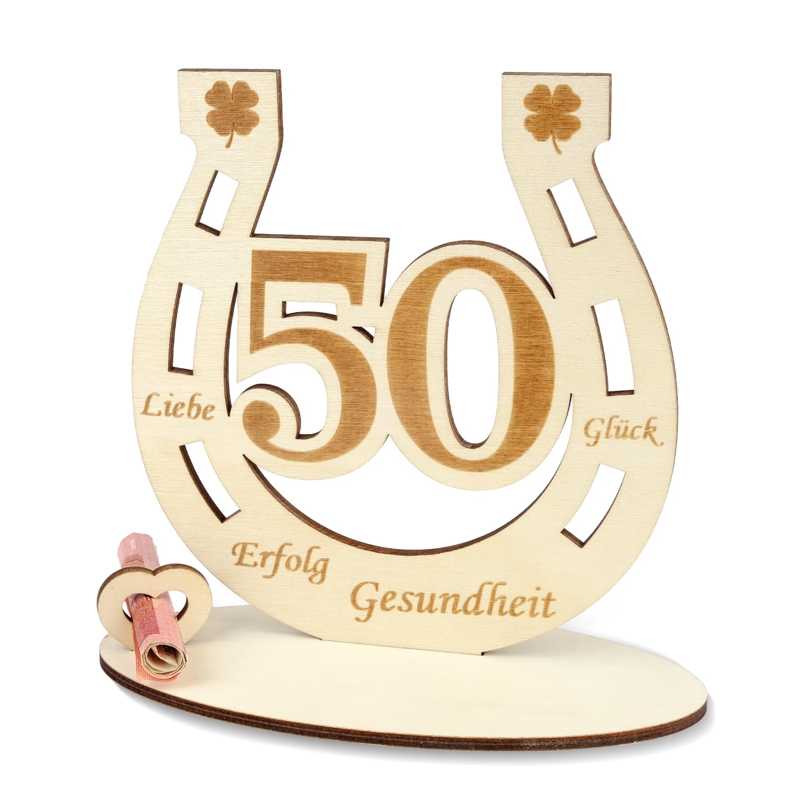 ARTREE Geldgeschenk 50 Geburtstag & Goldene Hochzeit – Holz Hufeisen Deko als Glücksbringer – Geschenkidee für Jubiläum, Geburtstag & Hochzeitstag