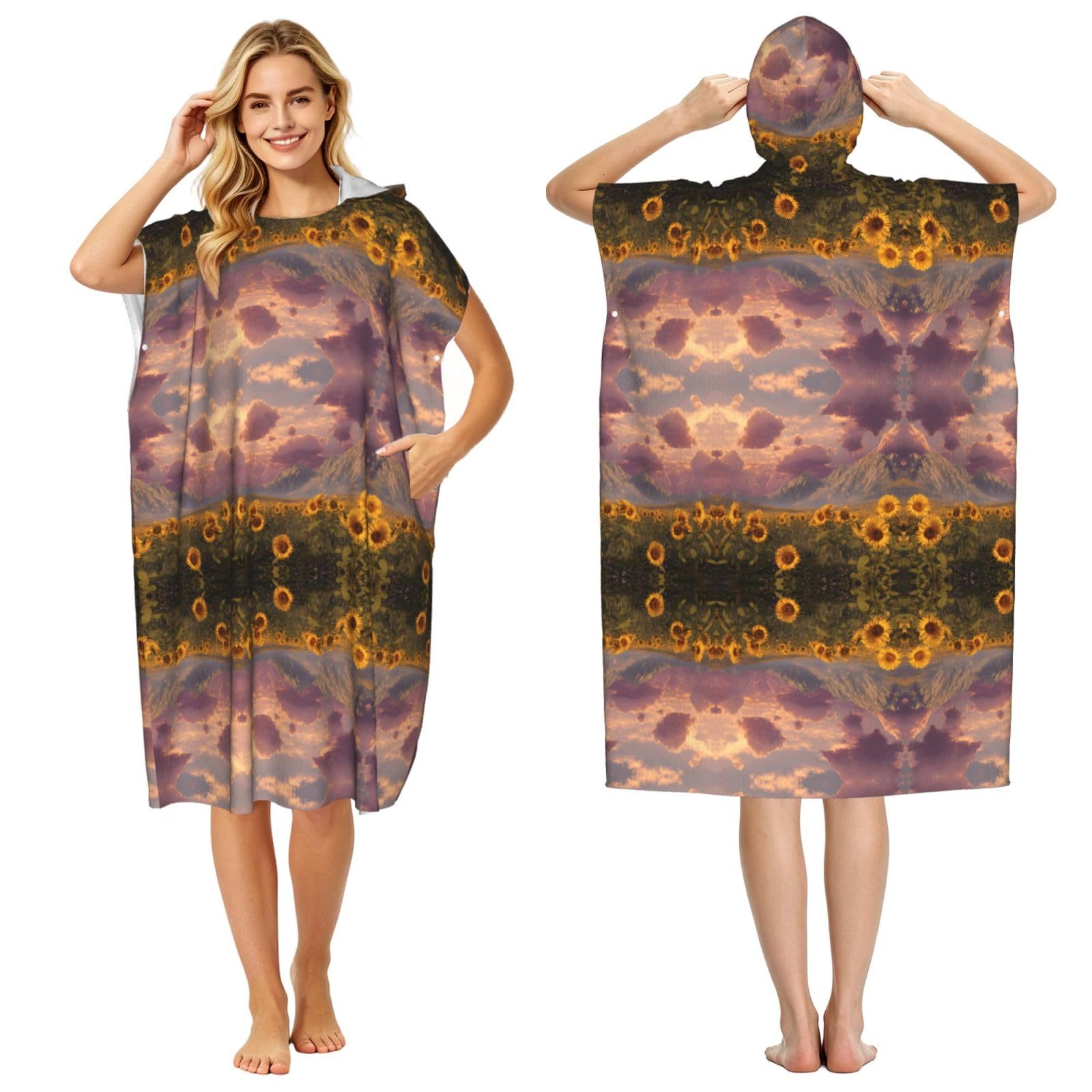 Poncho à capuche léger et absorbant pour adulte motif tournesol