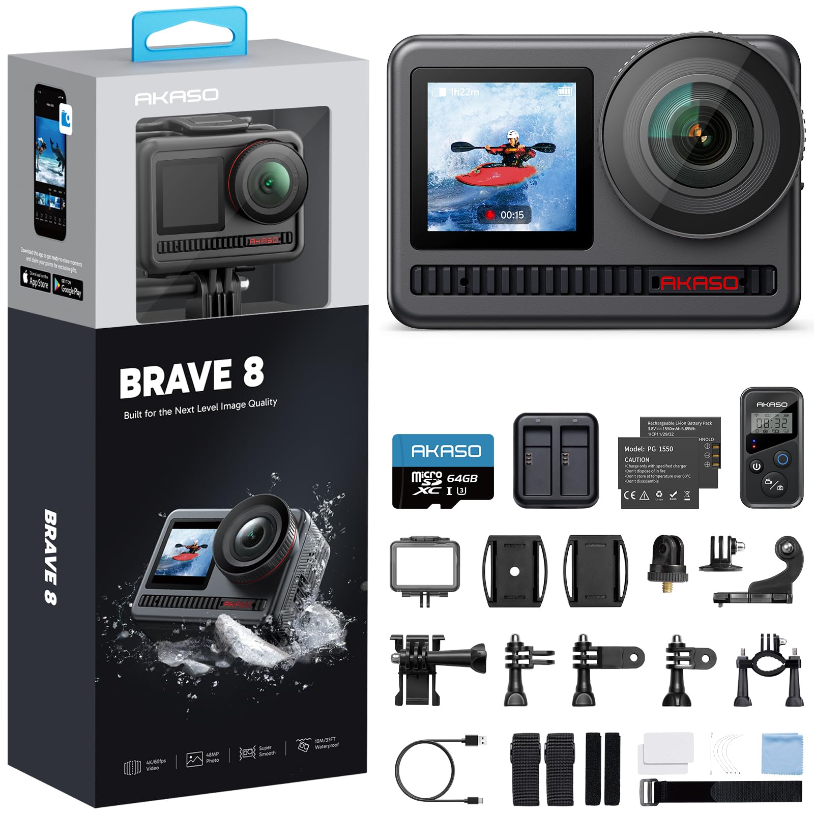 Amazon.com : AKASO Brave 8 4K60FPS Action Camera with 64GB Card
