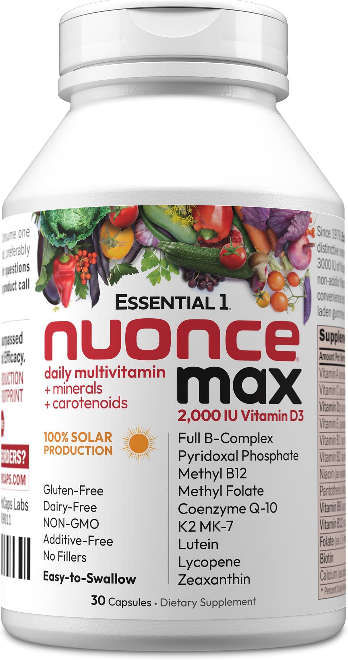 Essential-1 Multivitamin 2000 IU Vitamin D3 30 Small Capsules - 100 mcg Methyl B12. CoQ10 Lutein Lycopene Zeaxanthin. High Potency. No Additives. Ultra-Mild. One Daily Capsule