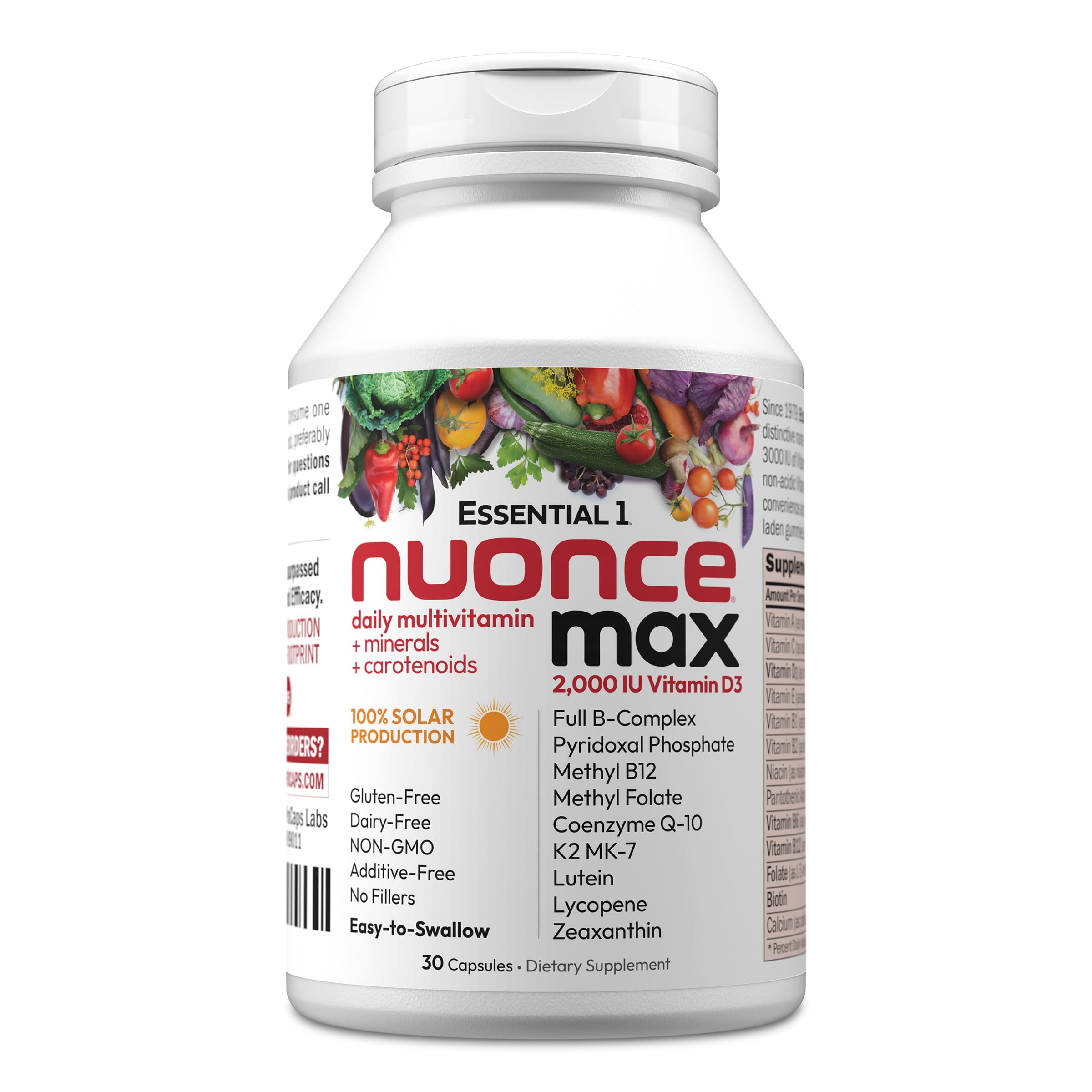 Essential-1 Multivitamin 2000 IU Vitamin D3 30 Small Capsules - 100 mcg Methyl B12. CoQ10 Lutein Lycopene Zeaxanthin. High Potency. No Additives. Ultra-Mild. One Daily Capsule