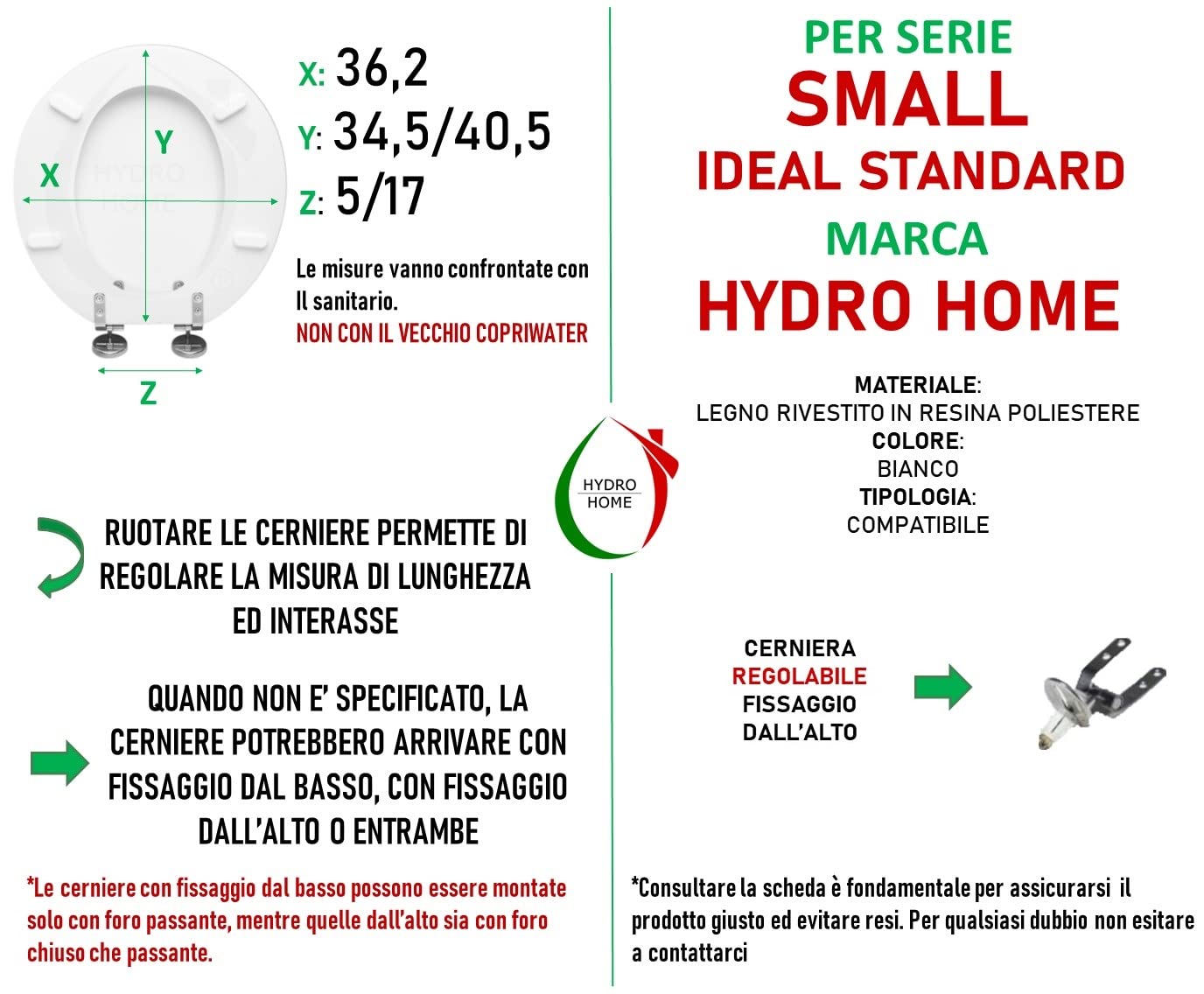 Ideal Standard SMALL SMALL Zgodny, Drewniany Tablet Wc Powlekany Z 2 mm Żywicy Regulowane Zawiasy Mocowanie od góry , Pokrywa Wc Kolor Biały MADE we Włoszech