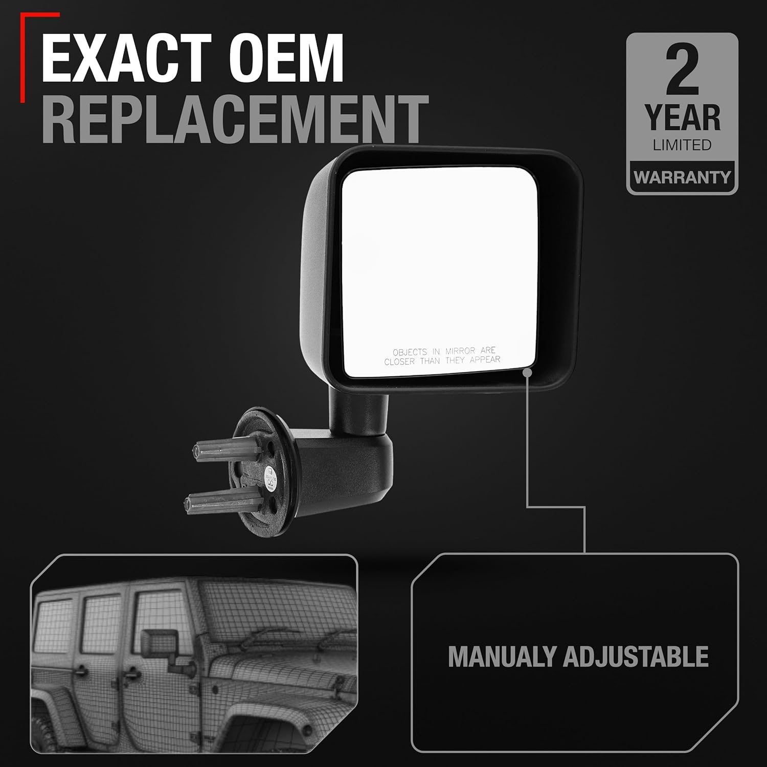 T1A Passenger Side Mirror - Compatible with 2007-2013 Jeep Wrangler - Manual Folding, Convex Glass with English Warning - Textured Black Cover - OEM 68081250AA, 55077966AB