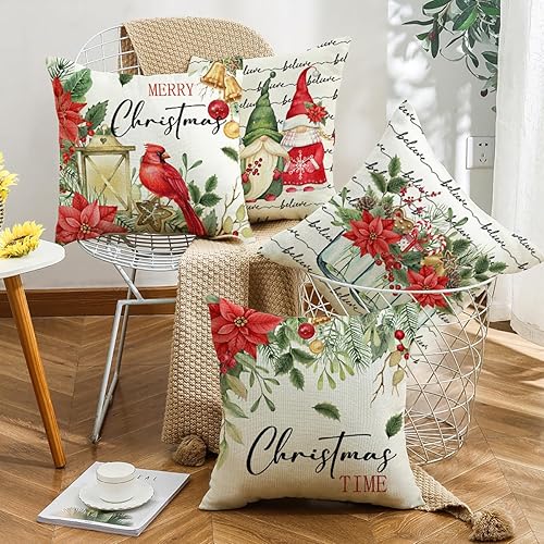 Miniatura 3 de Juego de 4 fundas de almohada navideñas de 18 x 18 pulgadas, fundas de cojín para decoración de vacaciones de invierno para sofá, sala de estar y