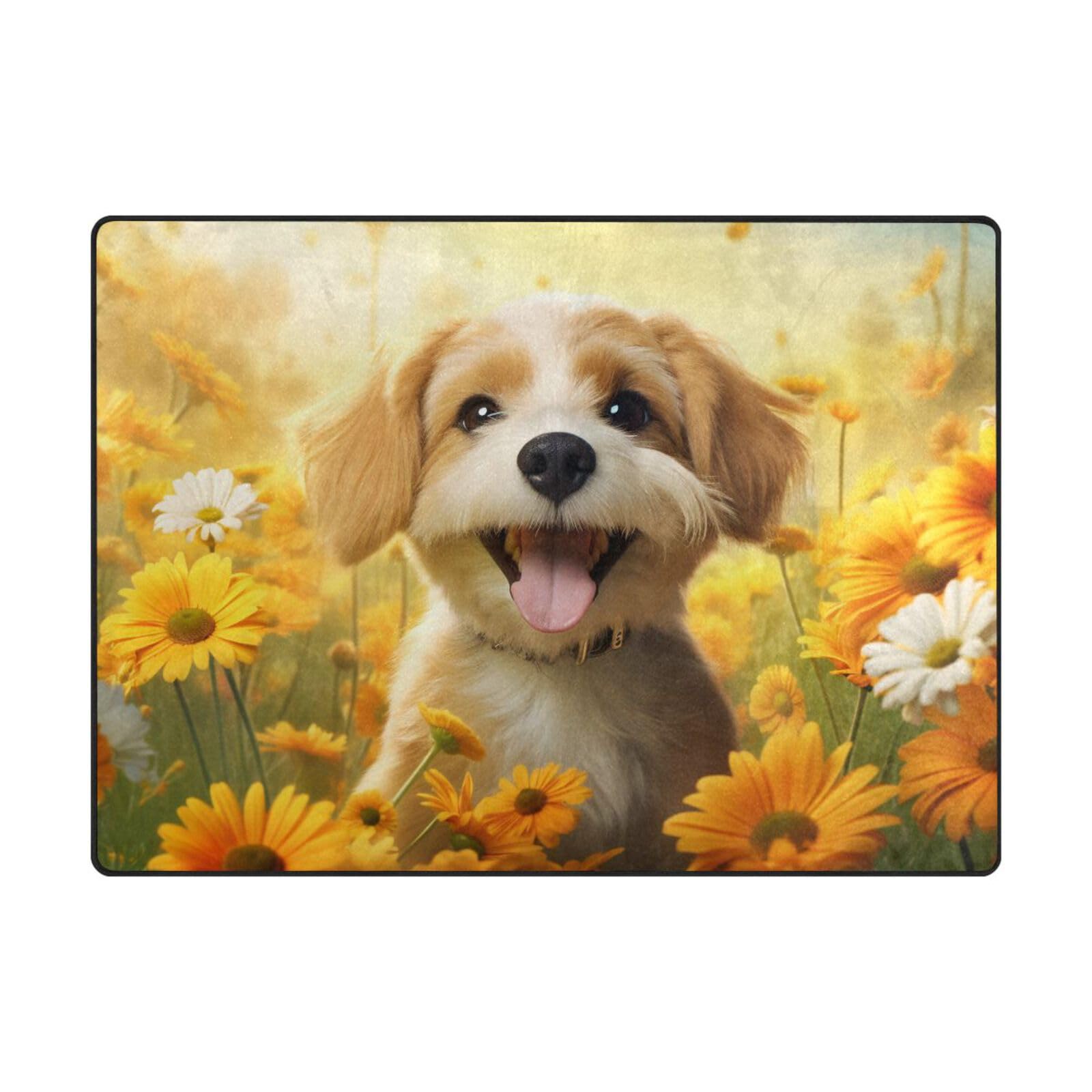 Tapis de sol grand format 203x147 salon motif chien et tournesol