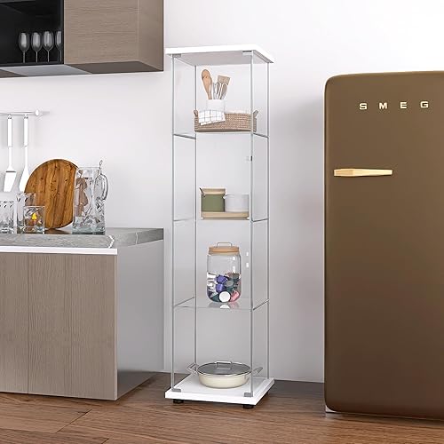 Miniatura 3 de Vitrina de cristal, 4 estantes, vitrina de cristal Curio con 1 puerta, estantería de vidrio de pie para sala de estar, dormitorio, oficina en casa,