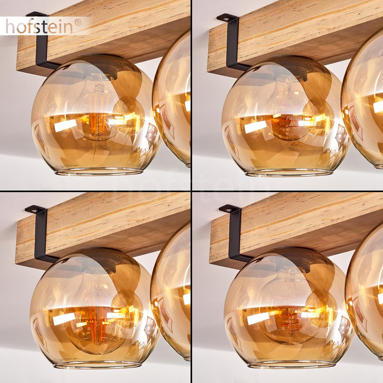 Lampa sufitowa Montgomery, lampa sufitowa z metalu/drewna/szkła w kolorze czarnym/naturalnym/bursztynowym, skandynawski design z drewnianymi belkami (100 cm) i szklanymi kulkami (Ø 15 cm), 5 x oprawka