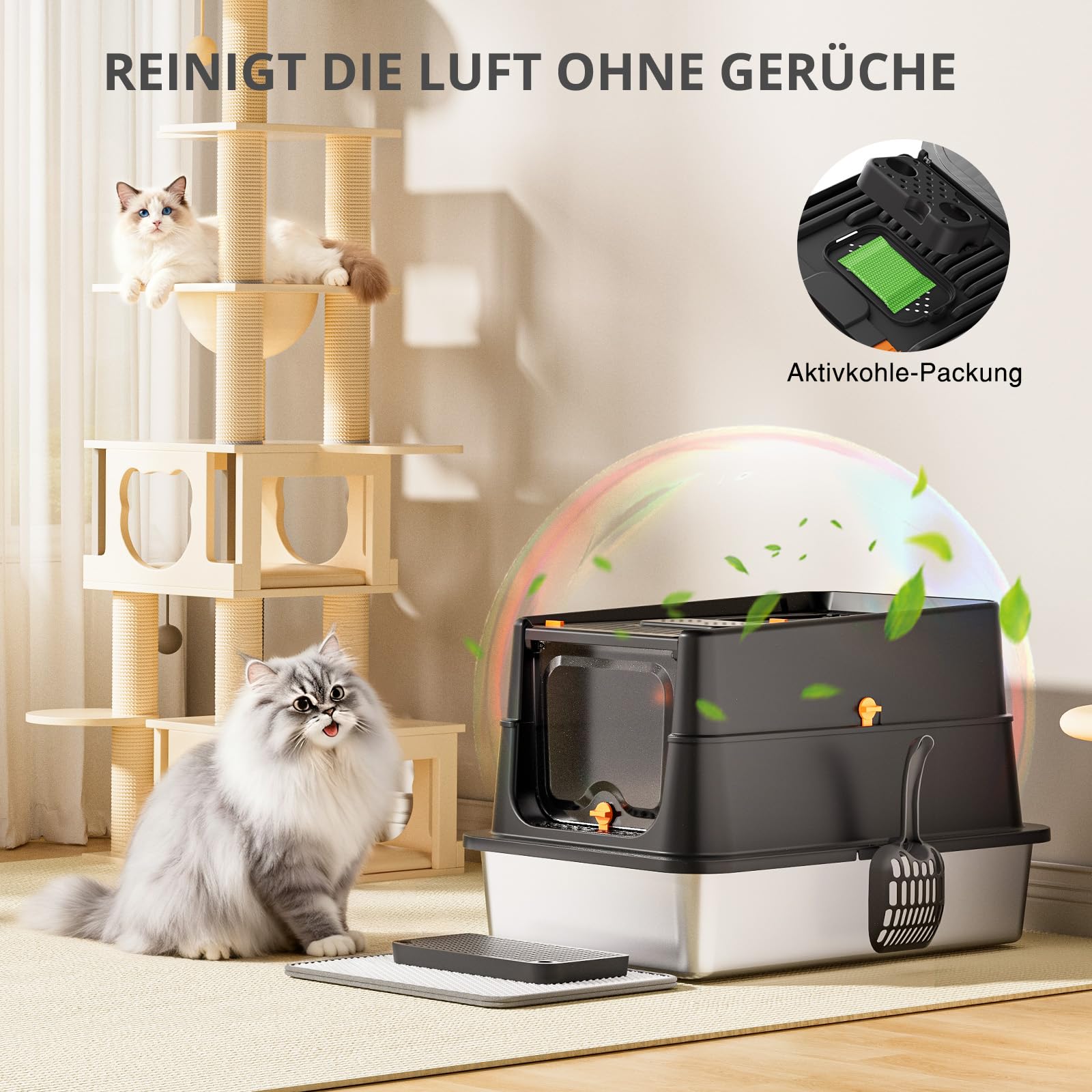 Katzentoilette aus Edelstahl, XXL geschlossene Katzentoilette mit Deckel, leicht zu reinigen, hochseitiges Metall-Kitty, mit Einstieg Oben, Schaufel, Matte, Bürste & Fußpedal-Schwarz