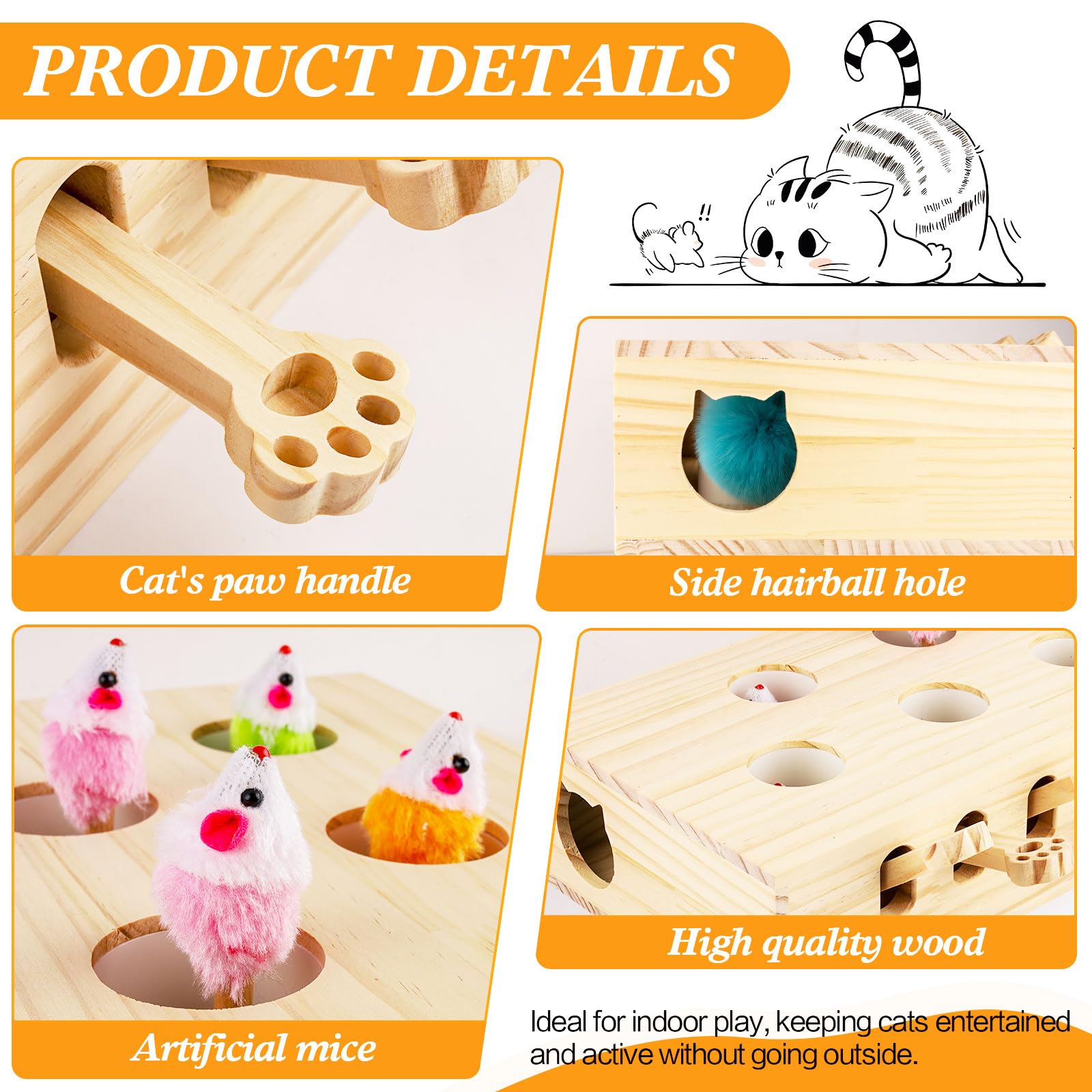 Interaktives Katzenspielzeug Holz Spielzeug, Maulwurf Maus, Puzzle Box mit Spielzeugen für Katzen, Jagd, Spielen, Trainieren Kratzen 5 Löcher perfekt für Indoor-Übung und Spaß (Holzfarbe)