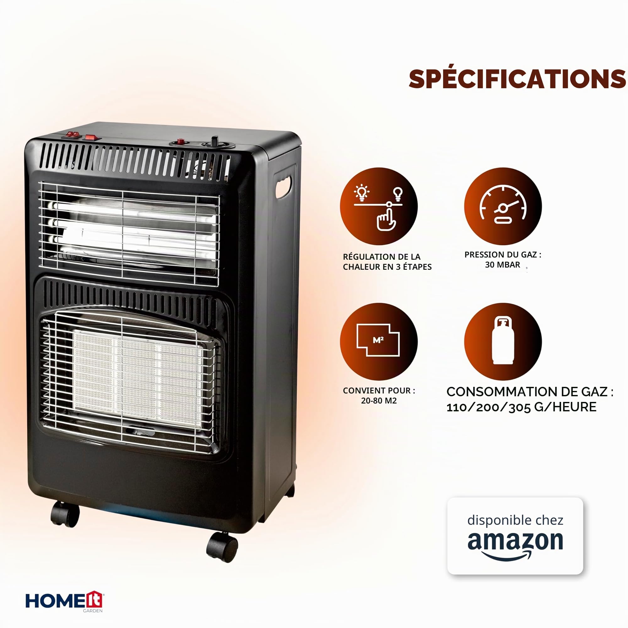 HOME It Chauffage d’appoint gaz pliable avec ventilateur, 3 puissances 1,5/2,8/4,2 kW, allumage piézo, anti-basculement, capteur ODS, sur roulettes, gris anthracite