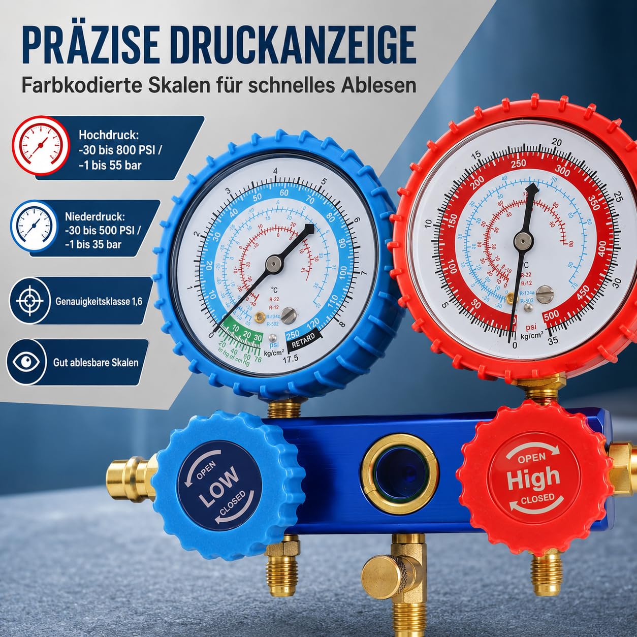 Klima-Monteurhilfe-Set mit 2 Manometern, 1/4-Zoll-Anschluss und 1,5-m-Schläuchen, für R134a, R22 und R410A