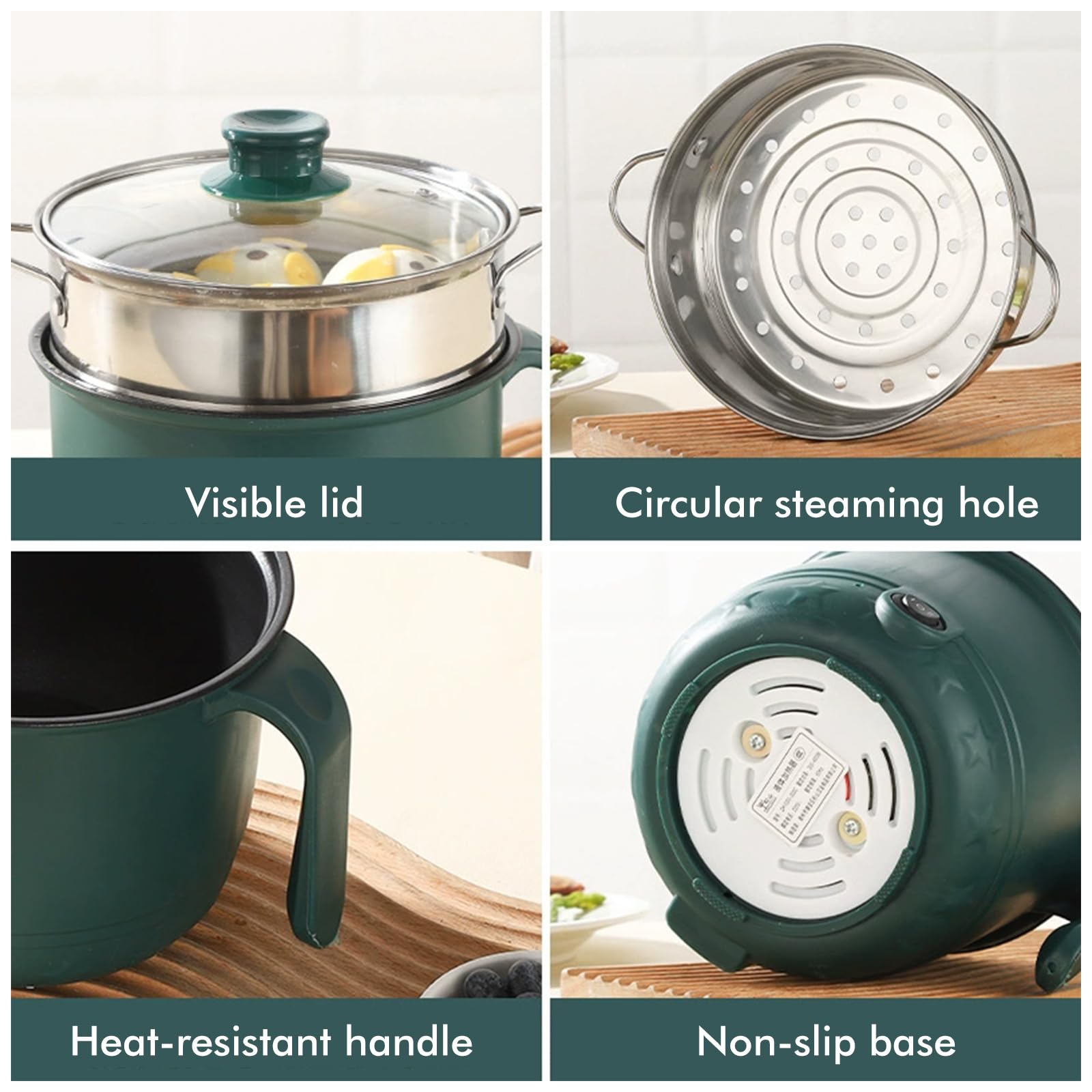 Hot Pot, pentola elettrica da 1,3 l, Hot Pot Ramen Cooker con pentola a vapore in acciaio inox, antiaderente Hot Pot elettrico per zuppa/ramen/pasta/farina d'avena/uova, 600 W, 220 V, verde