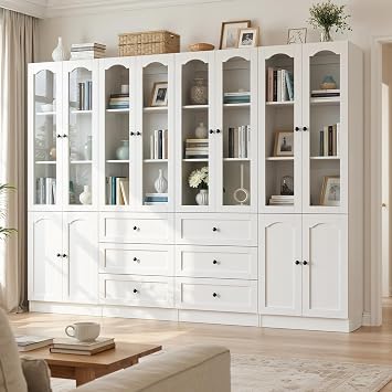 Cyclysio 80" Tall Bookcase with Glass Doors & Drawers, Set of 4 White Bookshelf with Arched Doors & Adjustable Shelf, 3.15" Skirting Groove, Modern Display Cabinet for Living Room, Study, Kitchen