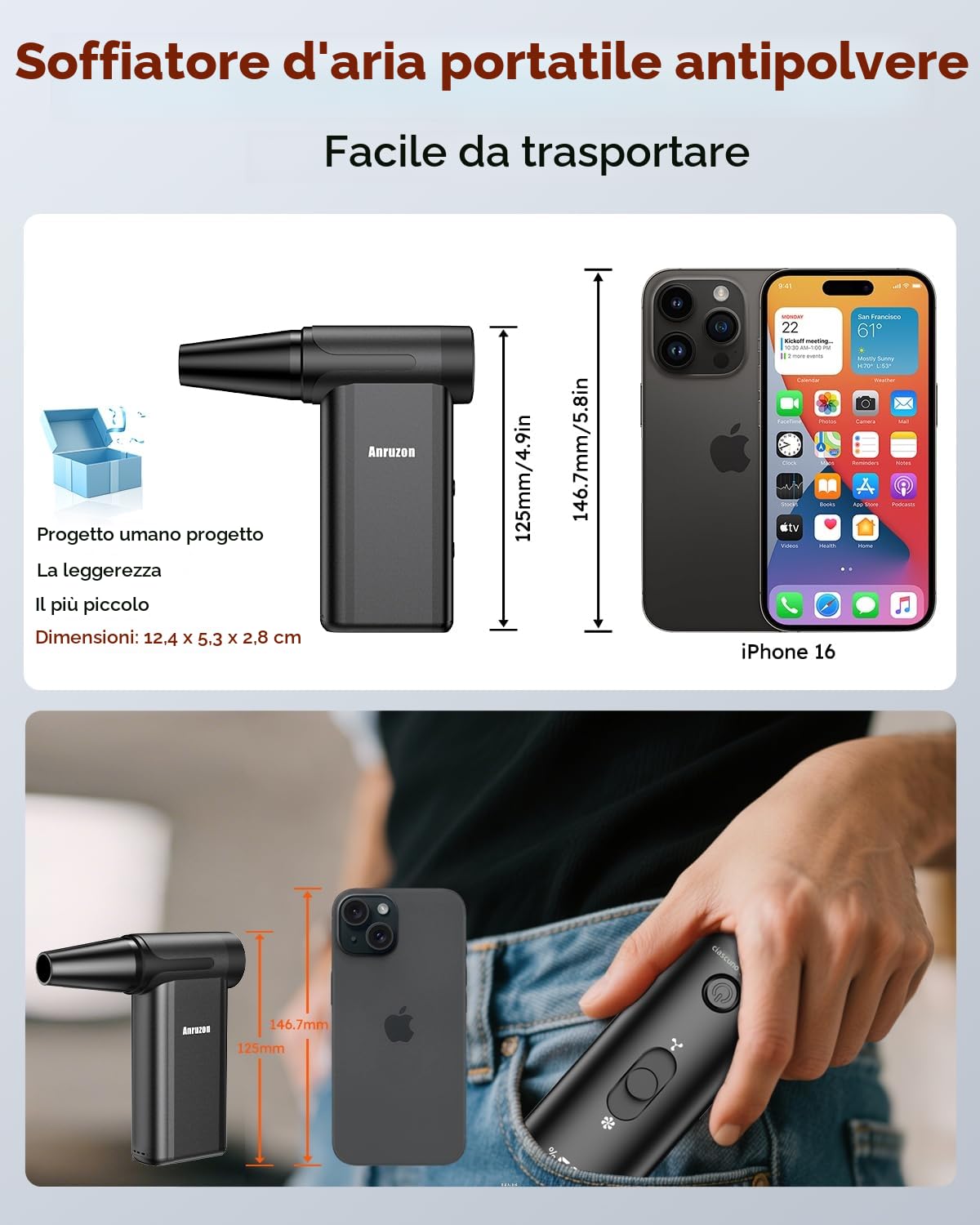Soffiatore d'Aria Elettrico per Pulizia PC, Spray Aria Compressa 300000 RPM, 8 Velocità, Ricaricabile 7600mAh, Pulizia Tastiera, Elettronica, Interni Auto, Divano