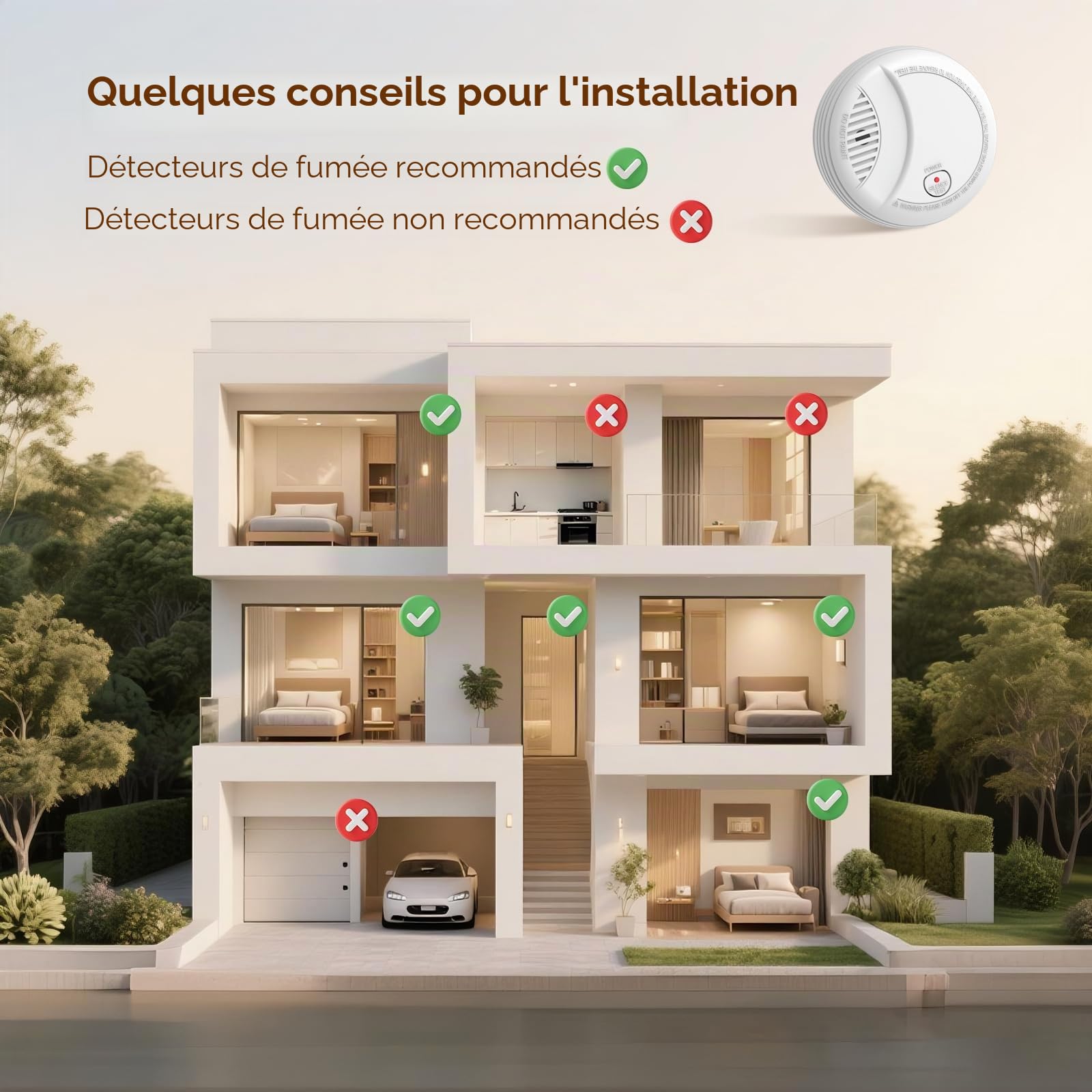Connecté Detecteur de Fumée,Alarme Incendie Détecteur Fumée10 Ans avec Pile 9V Remplaçable,Alarme de Pile Faible, Certifié Selon EN14604,6 PCS