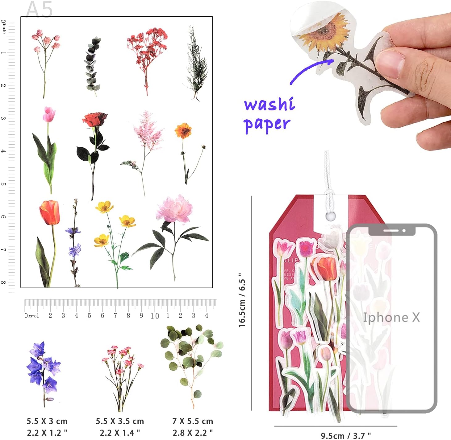 6 Packs Flower Sticker Floral Sticker Plant Sticker Botantical Sticker Scrapbooking Sticker Washi Sticker for Planner Card Making Journaling Photo Album Arts and Crafts (Blossom) - Image 5