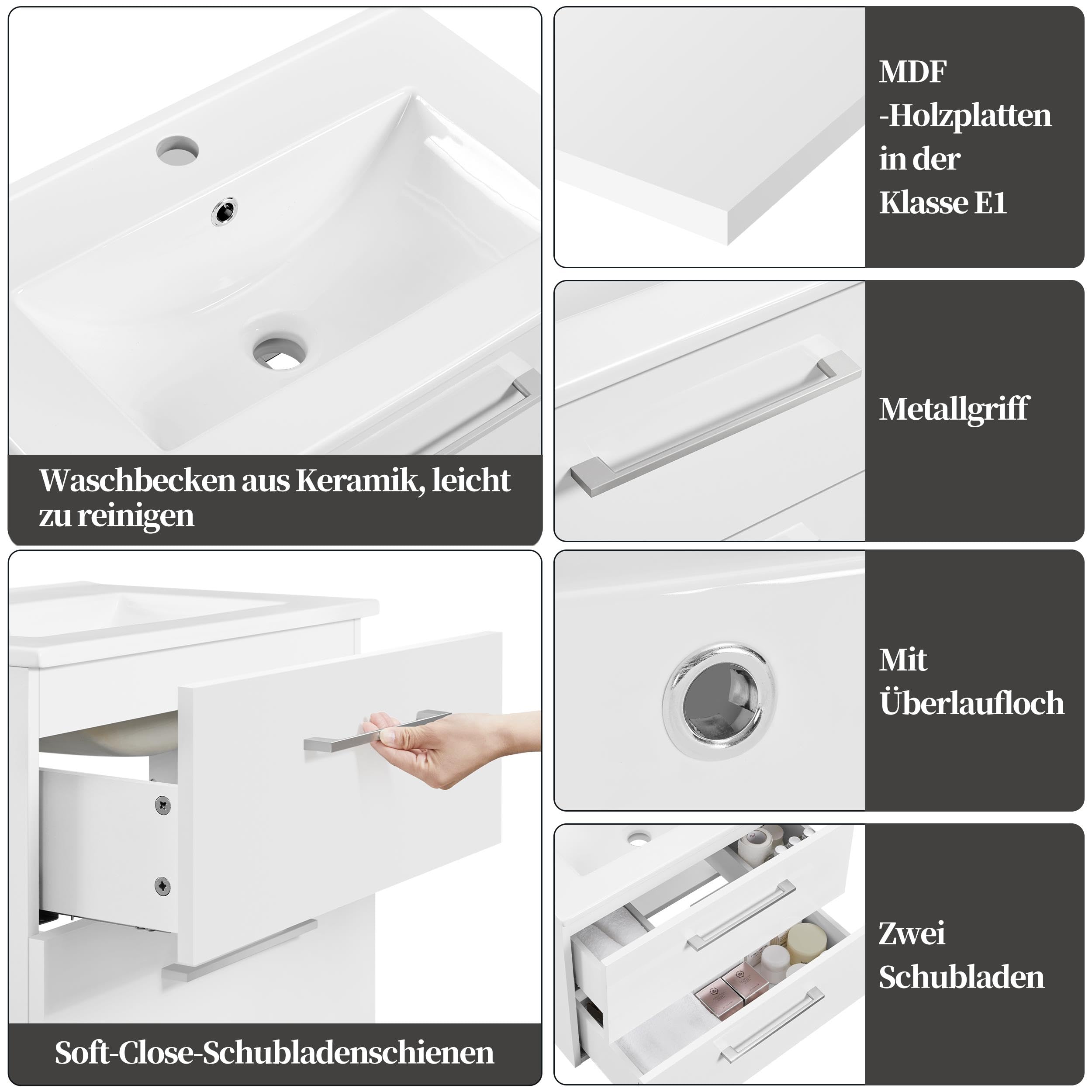 Yaheetech Waschbeckenunterschrank Hängender Badezimmerschrank mit Waschbecken Badmöbel Set 2-teilig Unterbau inkl. Waschbecken & Schubladen Badschrank Wandschrank mit Keramikbecken, Hochglanz, Weiß