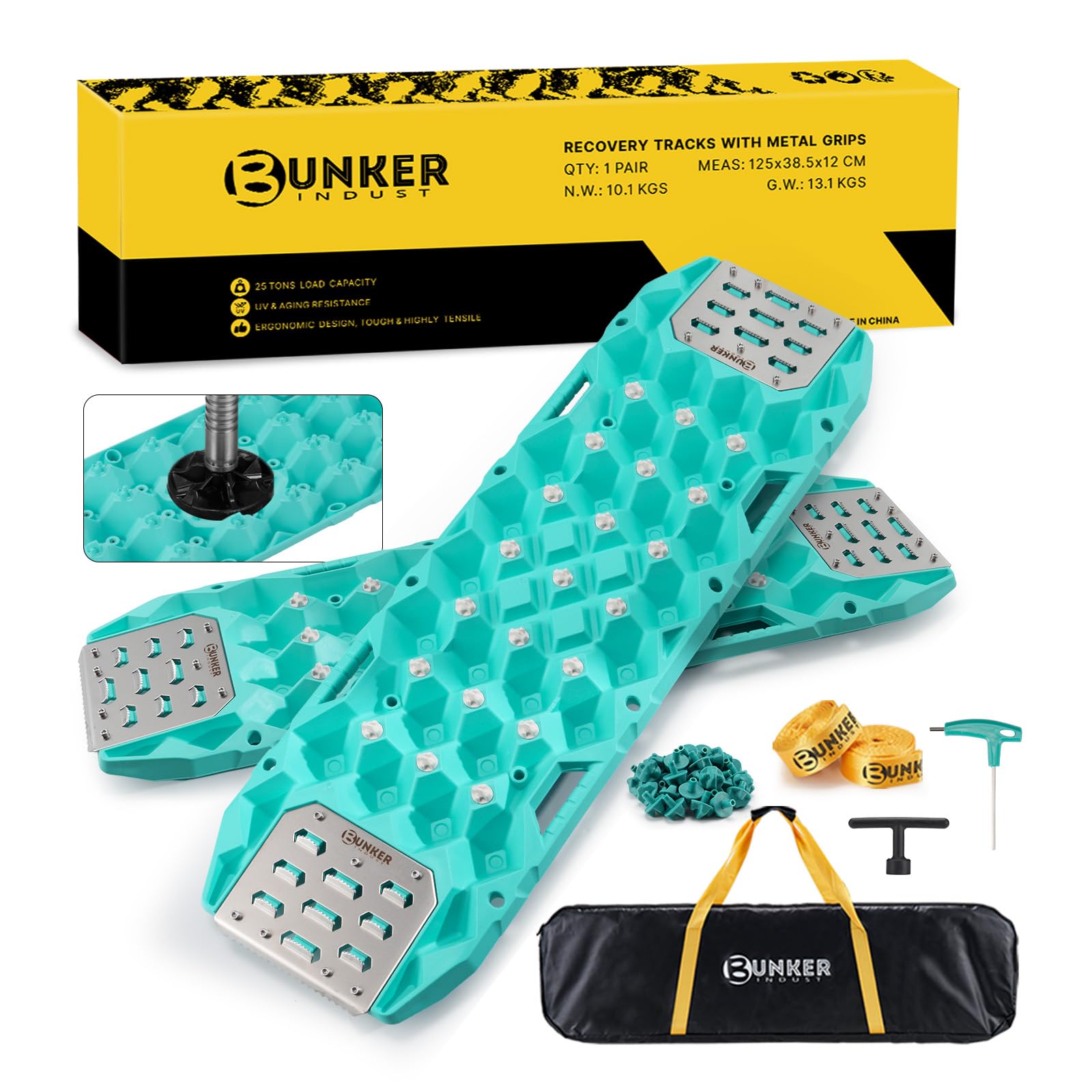 BUNKER INDUST Offroad Traction Board with Jack Base,Pair 47.24" L x 14" W Recovery Track Tire Traction Mat -Turquoise Sand,Mud,Snow Ramps (Replaceable Dual Colors Teeth/Rugged Steel Plate) Gen 11th
