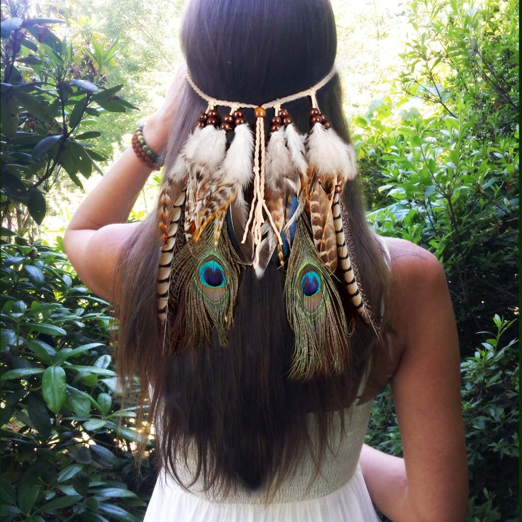 Fascia Per Capelli Bohemien Con Piume E Perline – Cinturino Regolabile Finta Pelle – Accessorio Hippy Stile Etnico
