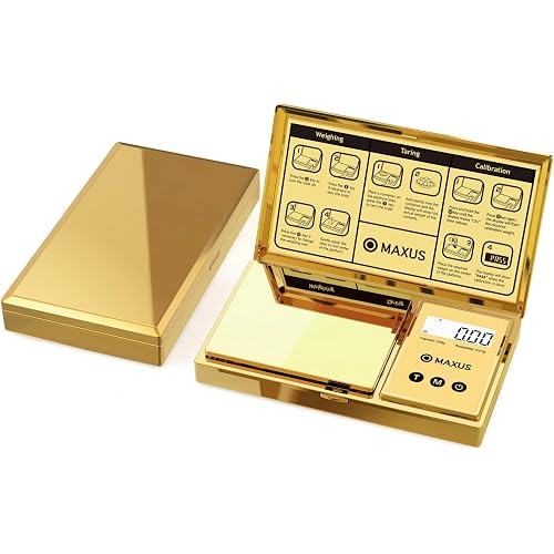 MAXUS Digital Gram Scale 200g x 0.01g, Gold Pocket Scale for Jewelry, Food | Gold Plated Cover and Platform, Measures Grams and Ounces, Compact Scale for Grains, Gems, Coins and Small Items